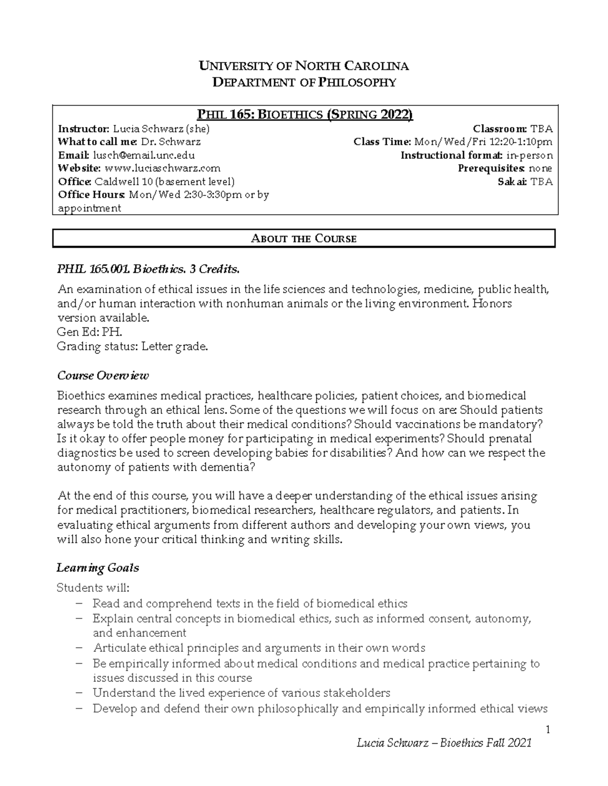 PHIL 165: Bioethics Syllabus - Spring 2022 (Instructor: Dr. Lucia ...