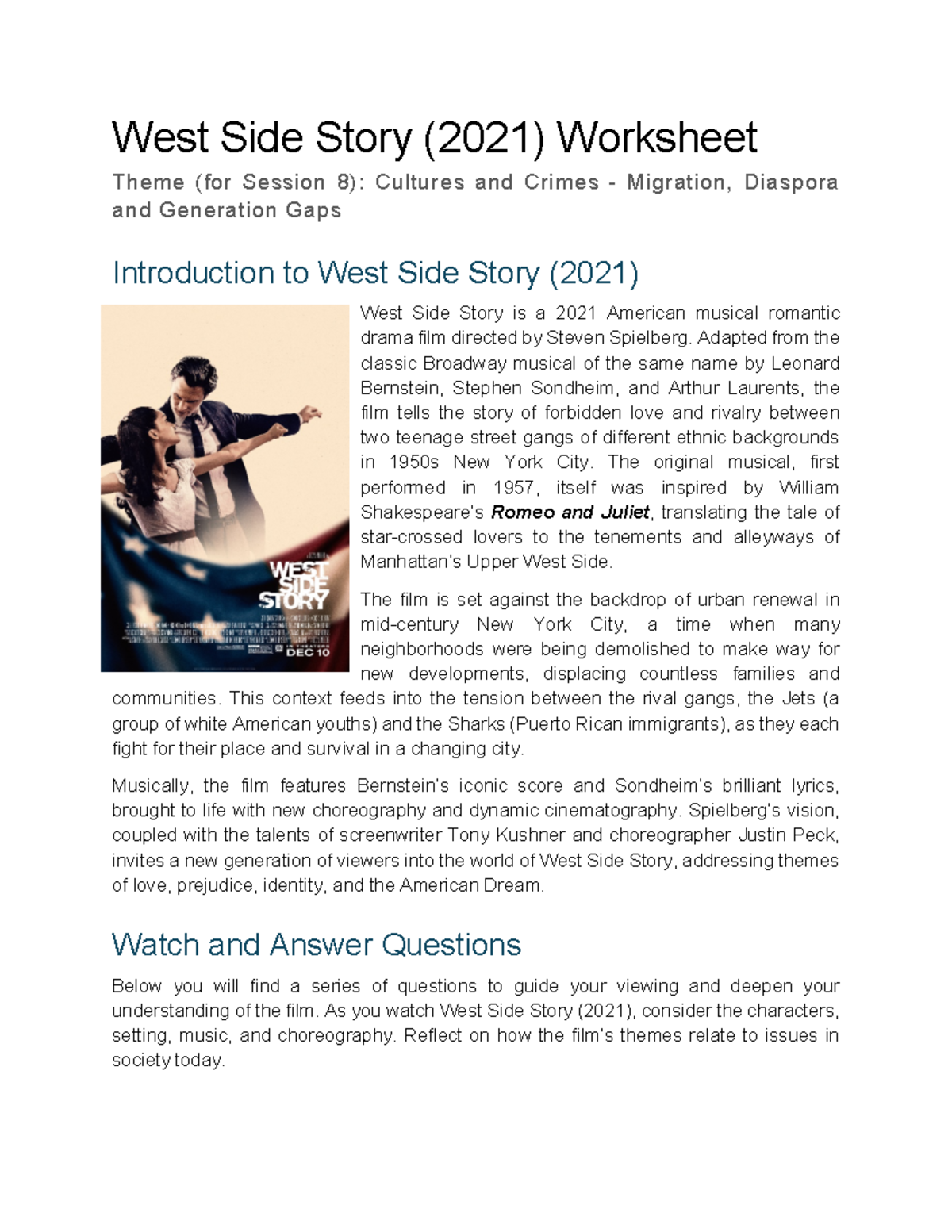 West Side Story (2021) Worksheet: Themes of Culture & Conflict - Studocu