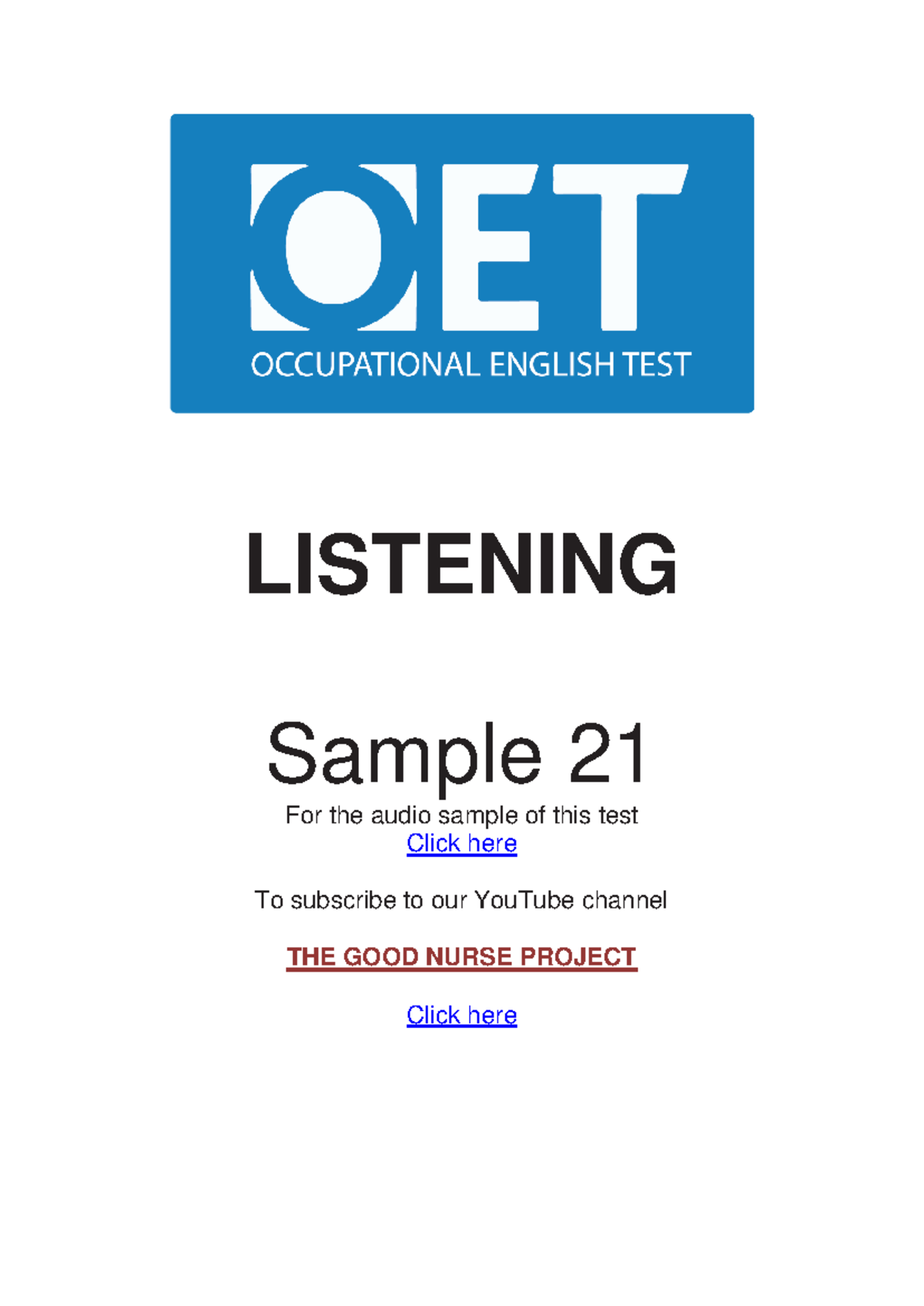 OET Listening Test Sample 21: Health Professional Conversations - Studocu