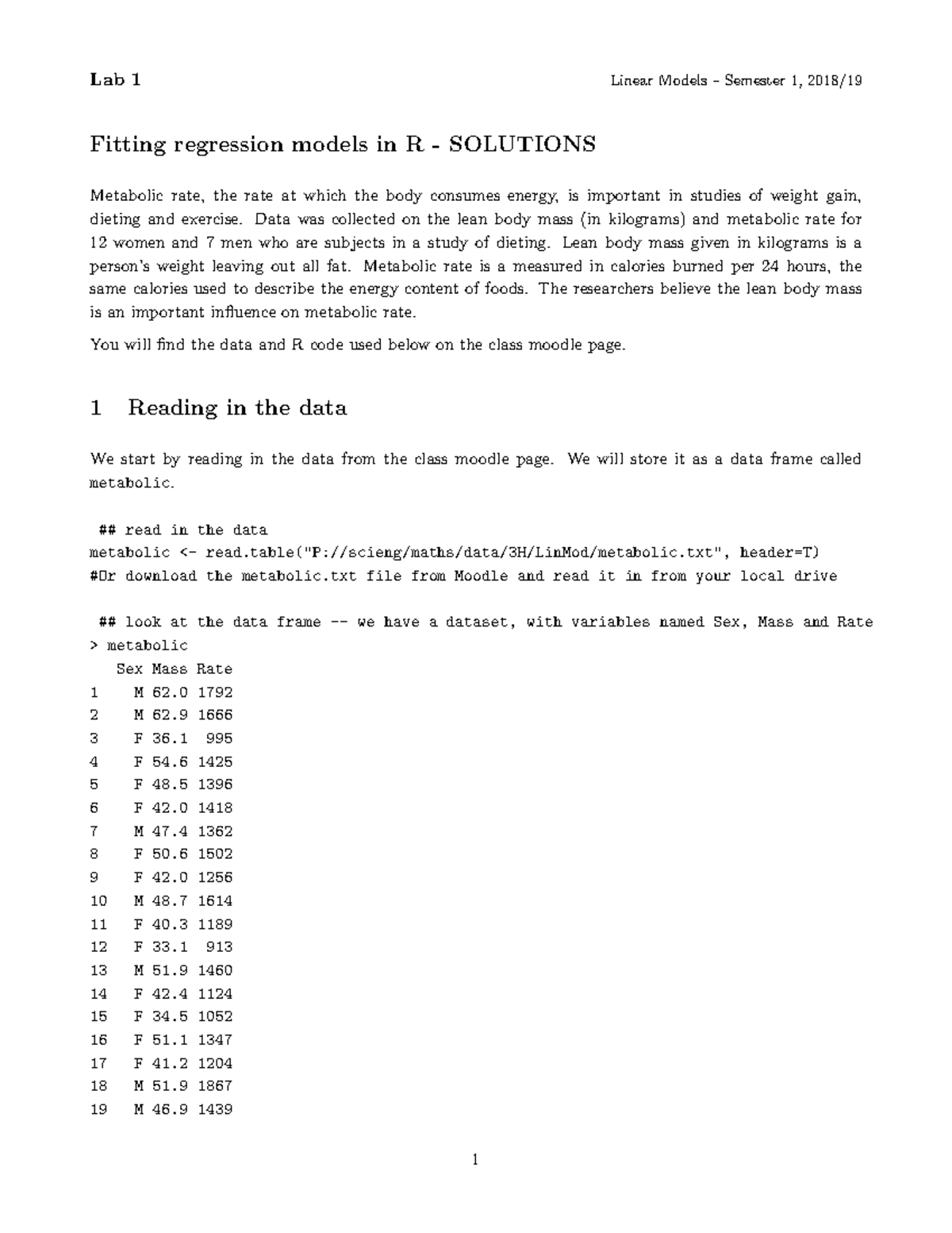 Lab 1 (NDS) - Solutions for Linear Models Regression Analysis - Studocu