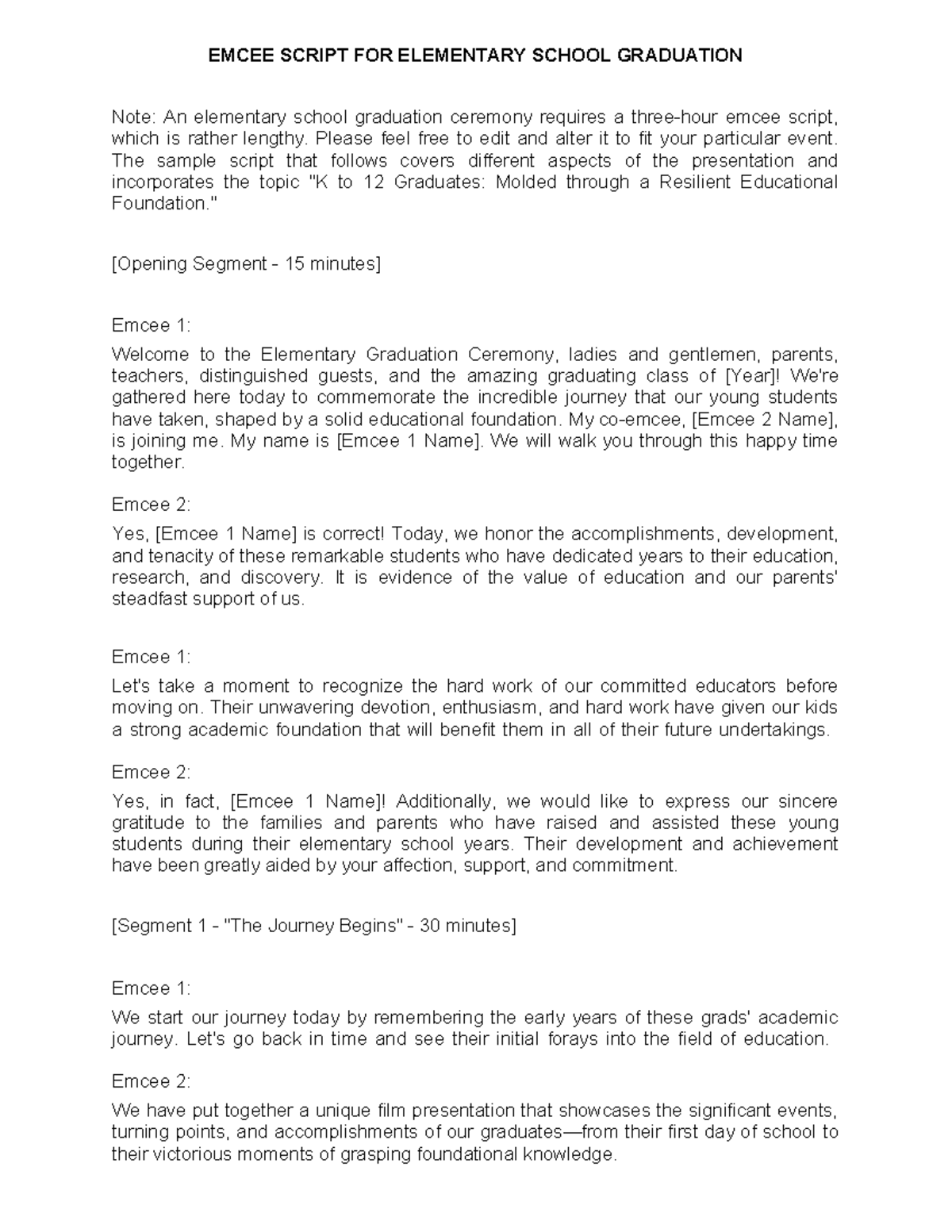Emcee Script for Elementary School Graduation Ceremony - Studocu