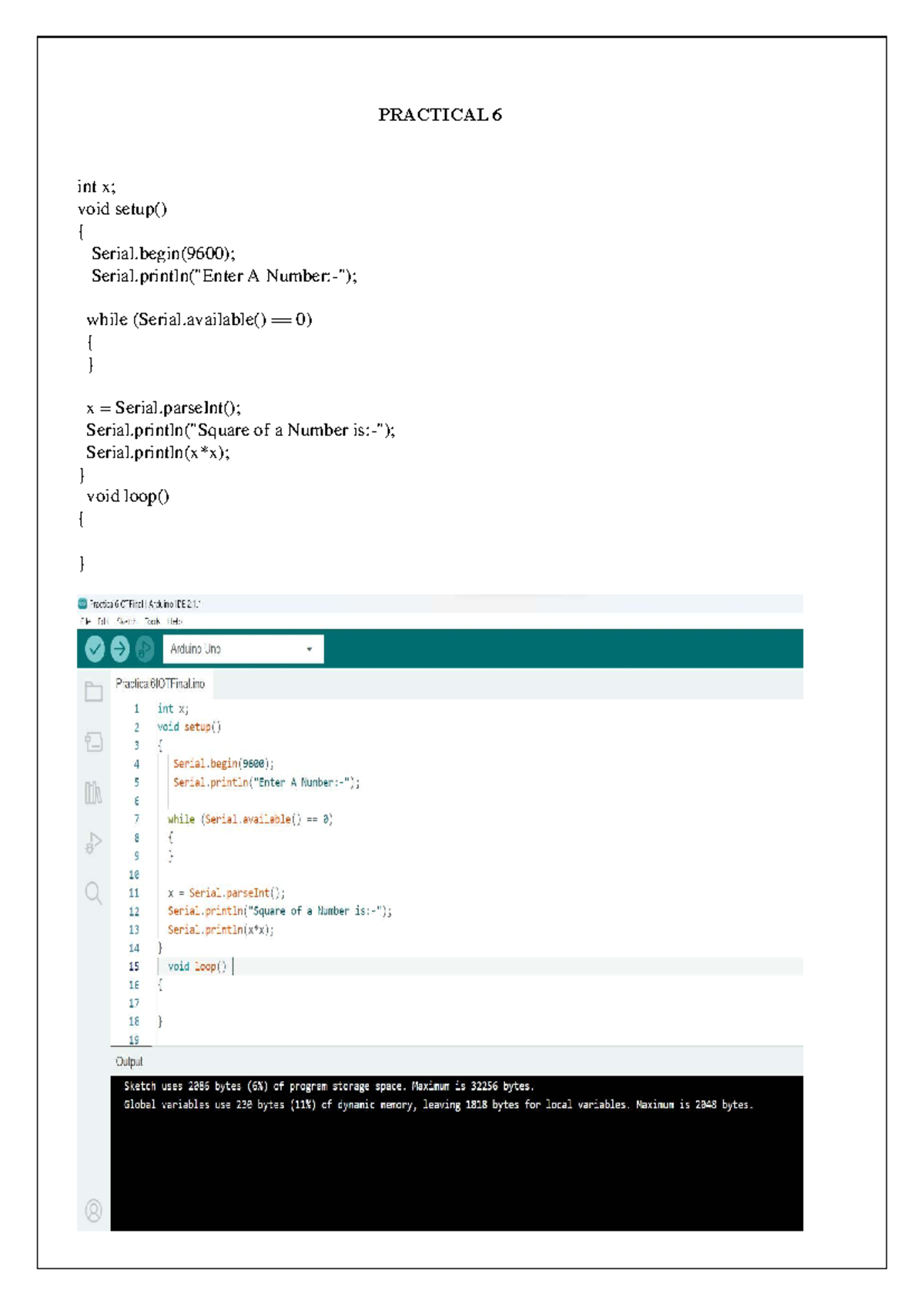 Practical(6-9)IOT - IOT - int x; void setup() { Serial( 9600 ); Serial ...