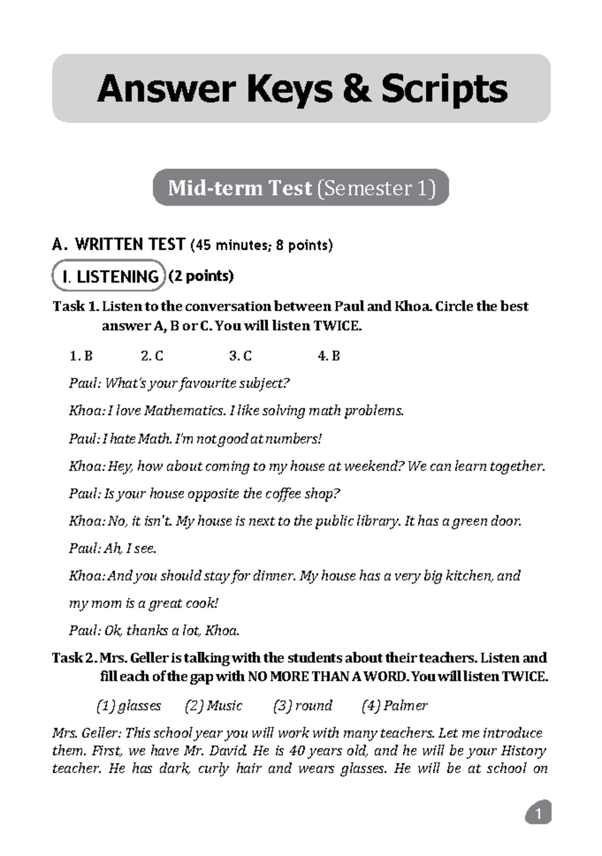 KEY MID-TERM TEST 1 ANSWER KEY (Semester 1) - Studocu