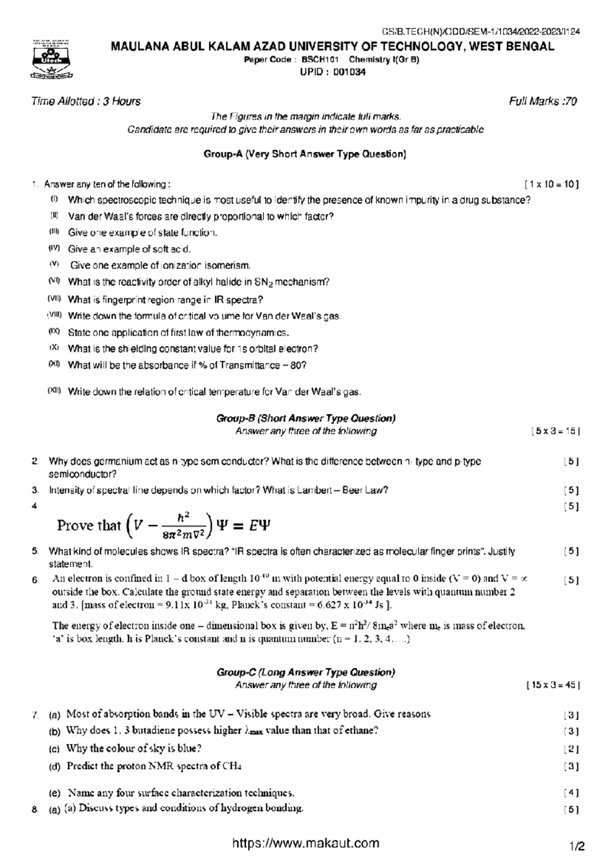BTech 1st Sem Chemistry I (BSCH101) Exam Questions & Answers 2023 - Studocu
