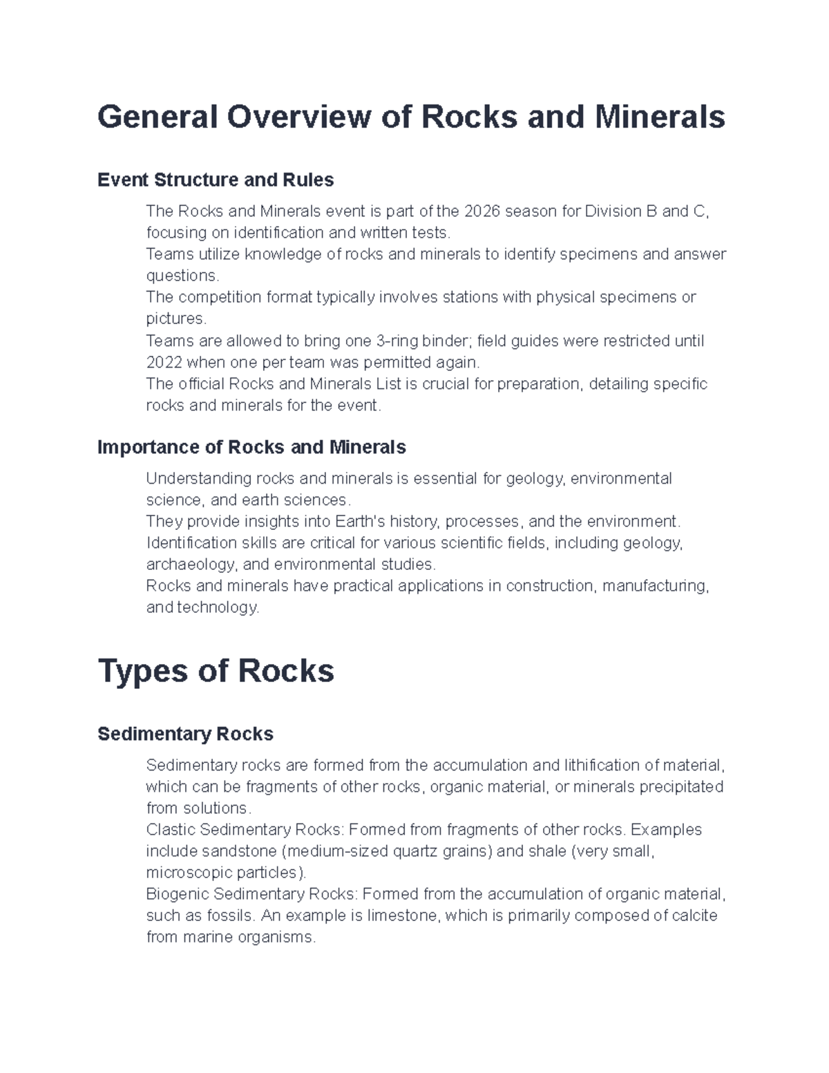 Rocks and Minerals Overview for Division B and C Events 2026 - Studocu