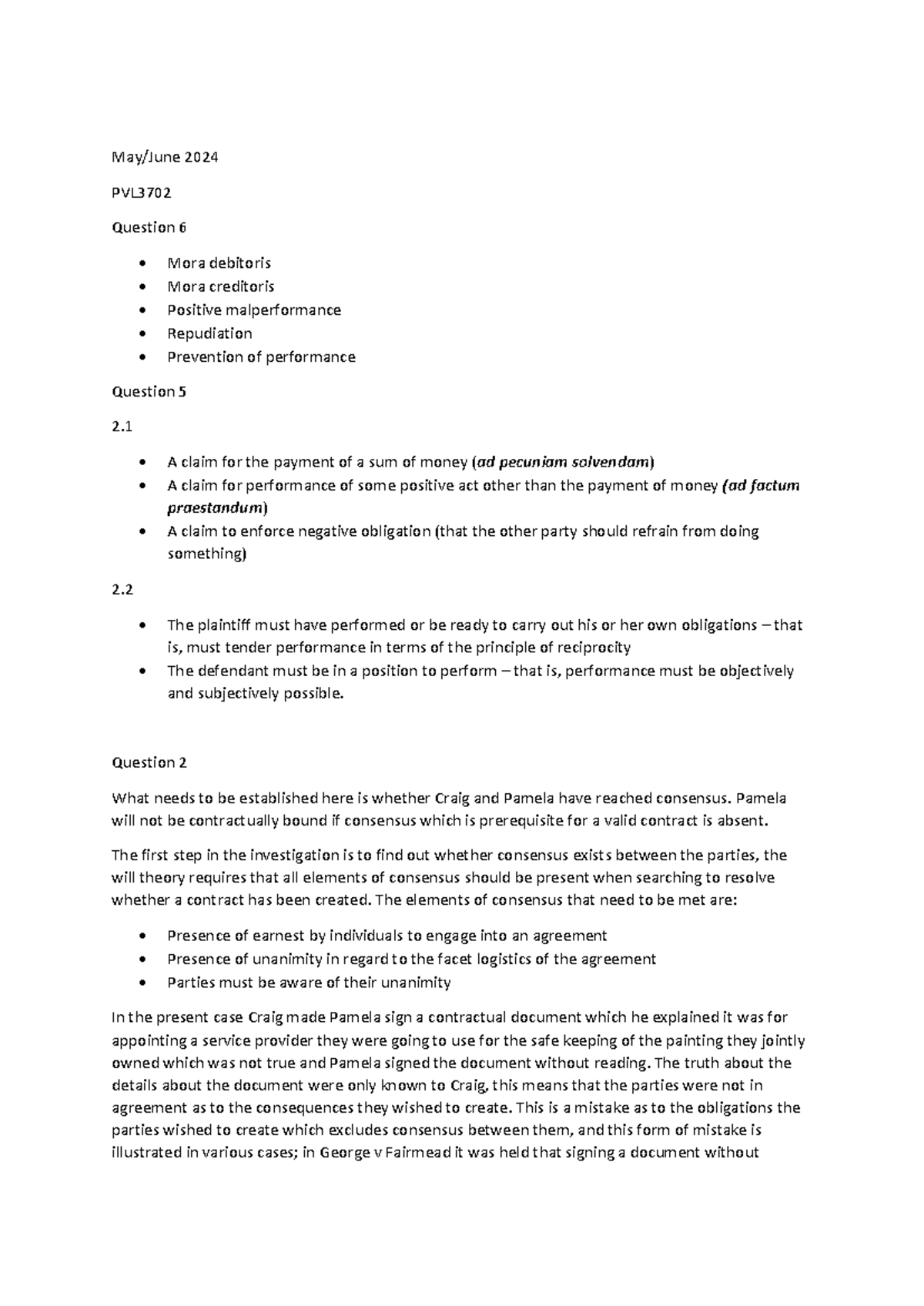 2024 PVL3702 Law of Contract Answer Sheet: Key Questions & Analysis ...