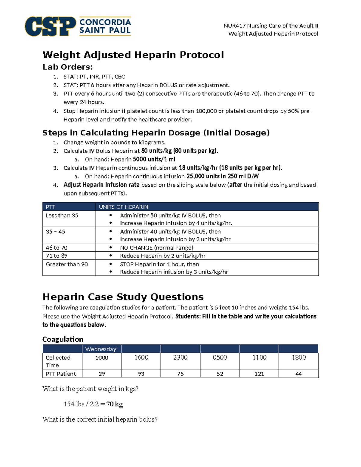 NUR 417 Weight Adjusted Heparin Protocol Guidelines and Calculations ...