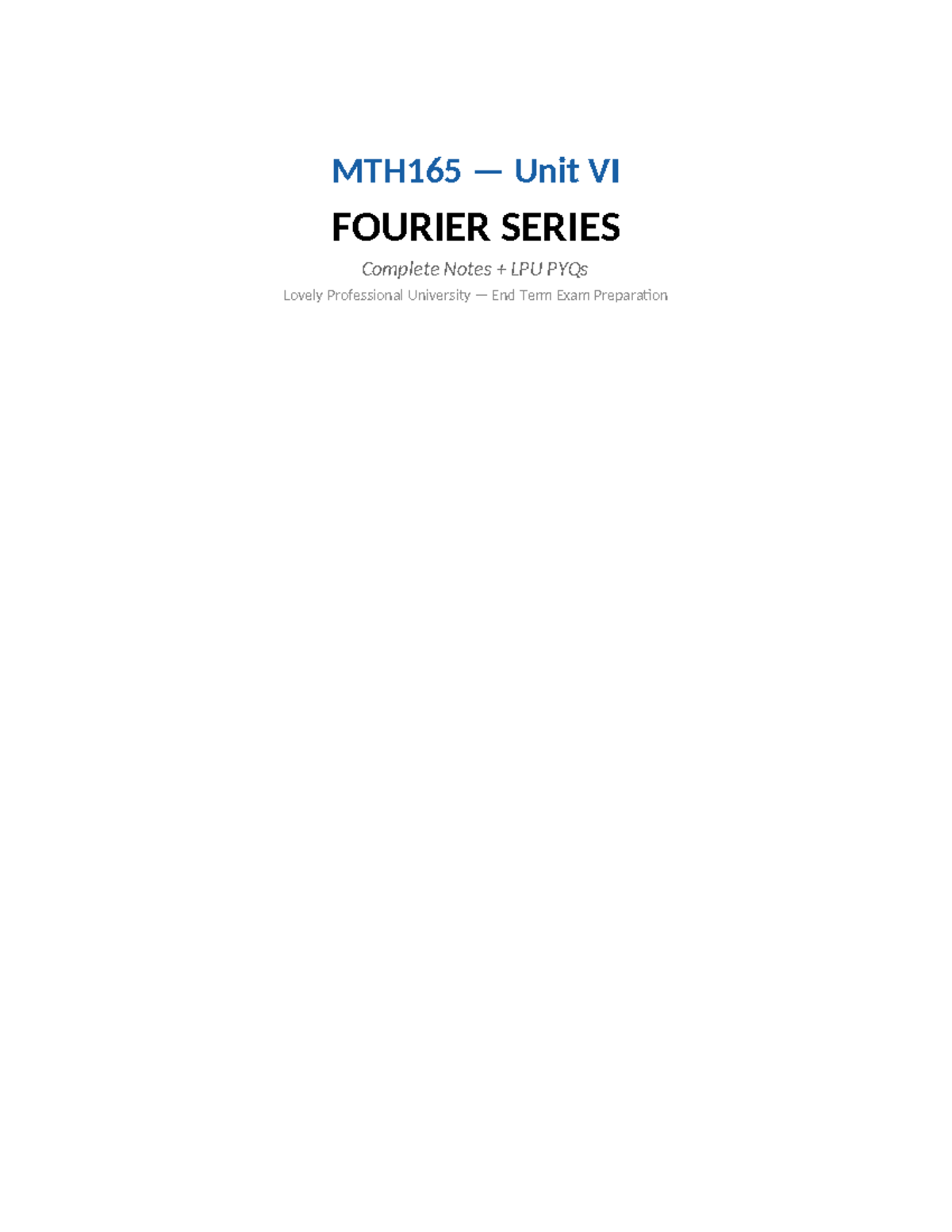 MTH165 Unit VI Fourier Series Complete Notes & Exam Tips LPU - Studocu
