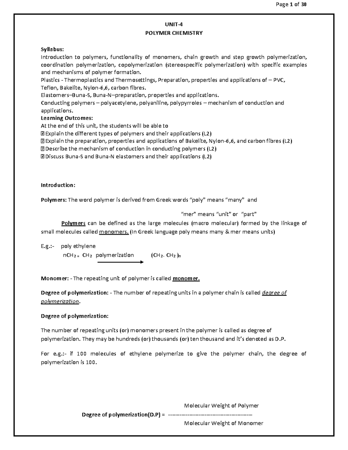 Polymer Chemistry Syllabus: Key Concepts & Applications (03-1-23) - Studocu