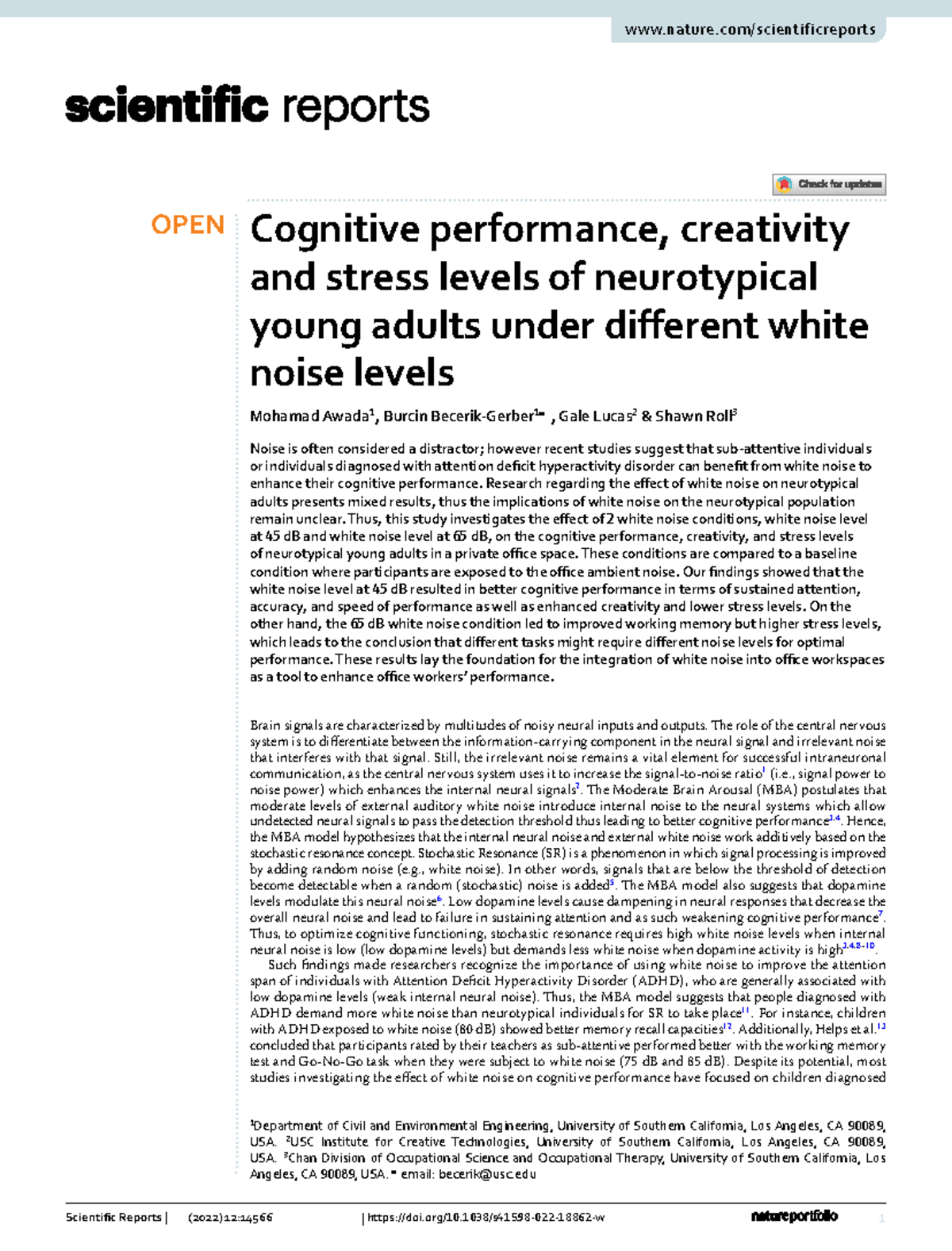 Cognitive Performance & Stress in Neurotypical Adults: Effects of White ...