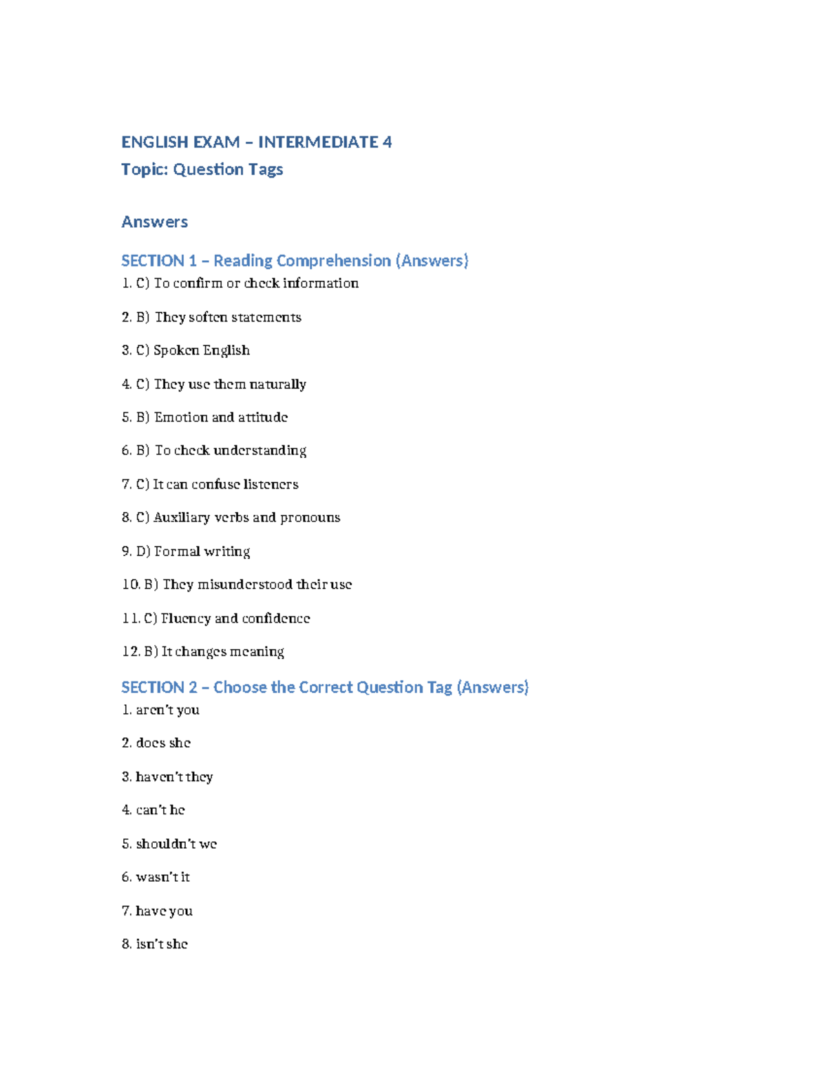 ENGLISH EXAM INTERMEDIATE 4: QUESTION TAGS ANSWERS - Studocu
