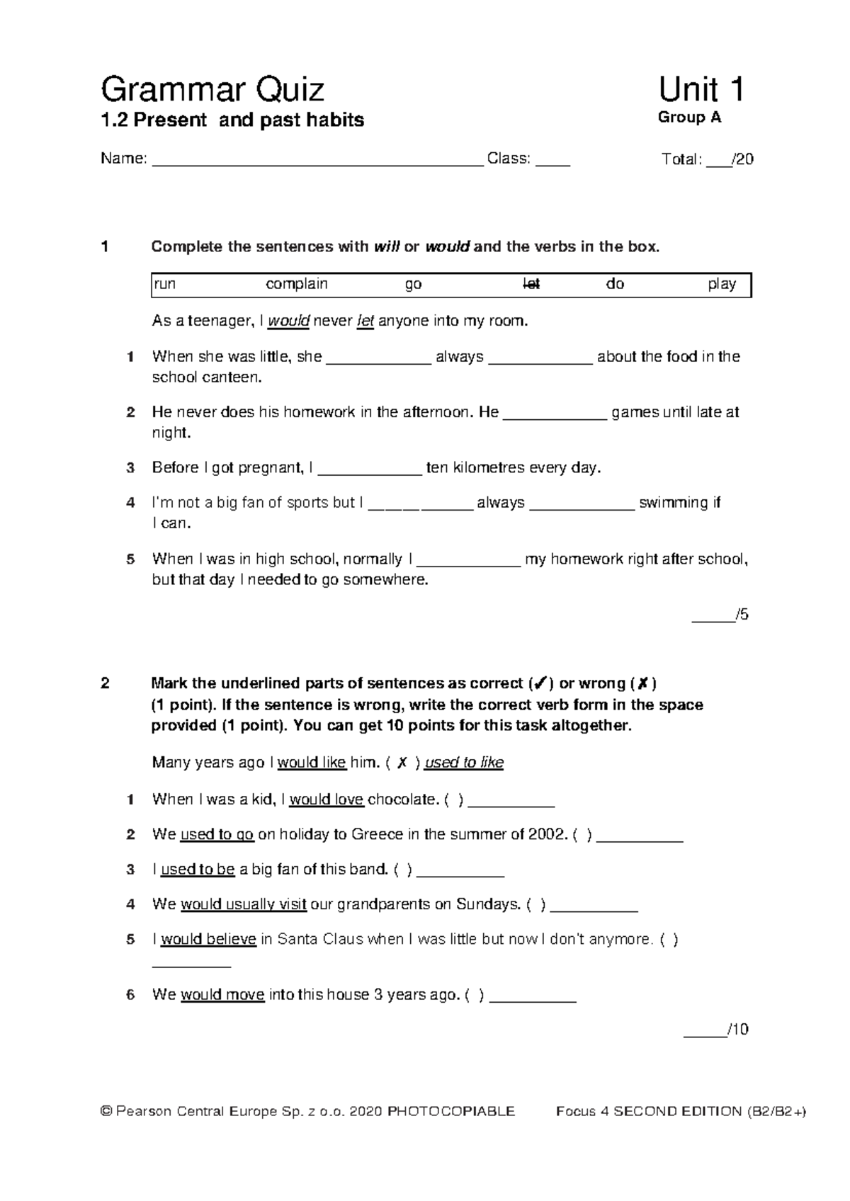 Focus 4 2E Grammar Quiz Unit 1.2 Group A - Present & Past Habits - Studocu