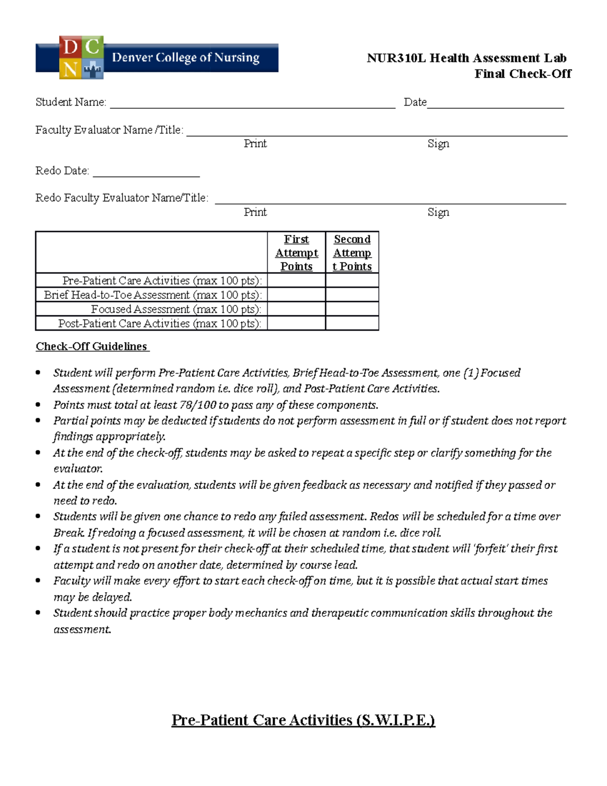 NUR310L Health Assessment Lab Final Check-Off Guide - Studocu