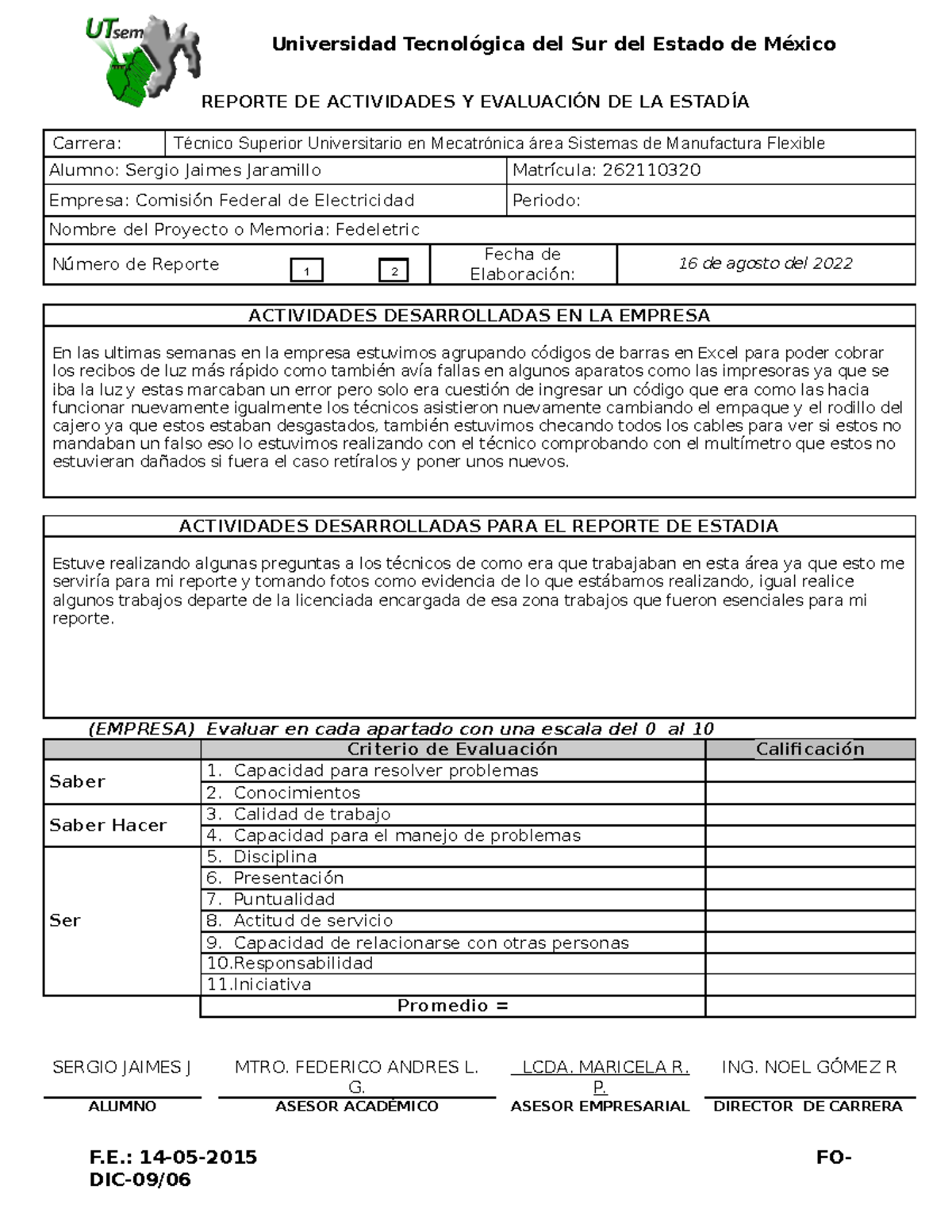Formato de Reporte de Estadia - Universidad Tecnológica del Sur del ...
