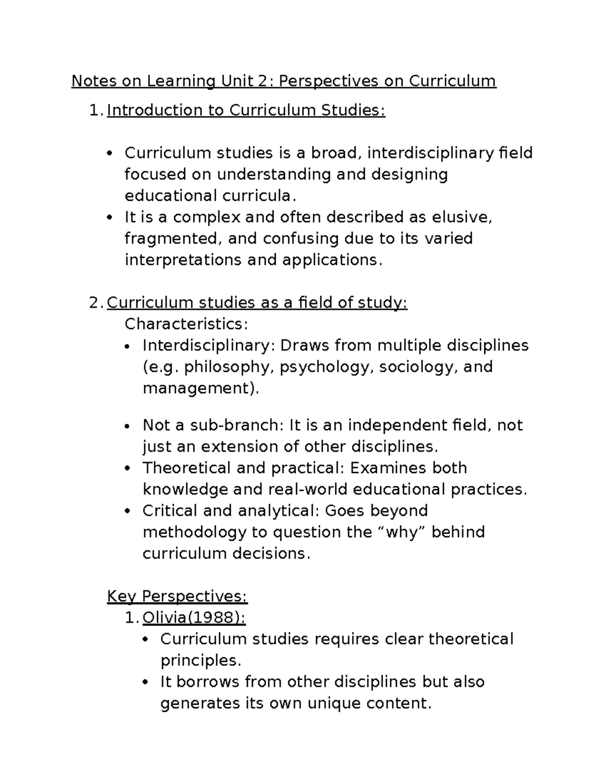 Unit 2: Perspectives on Curriculum - Key Concepts & Theories - Studocu