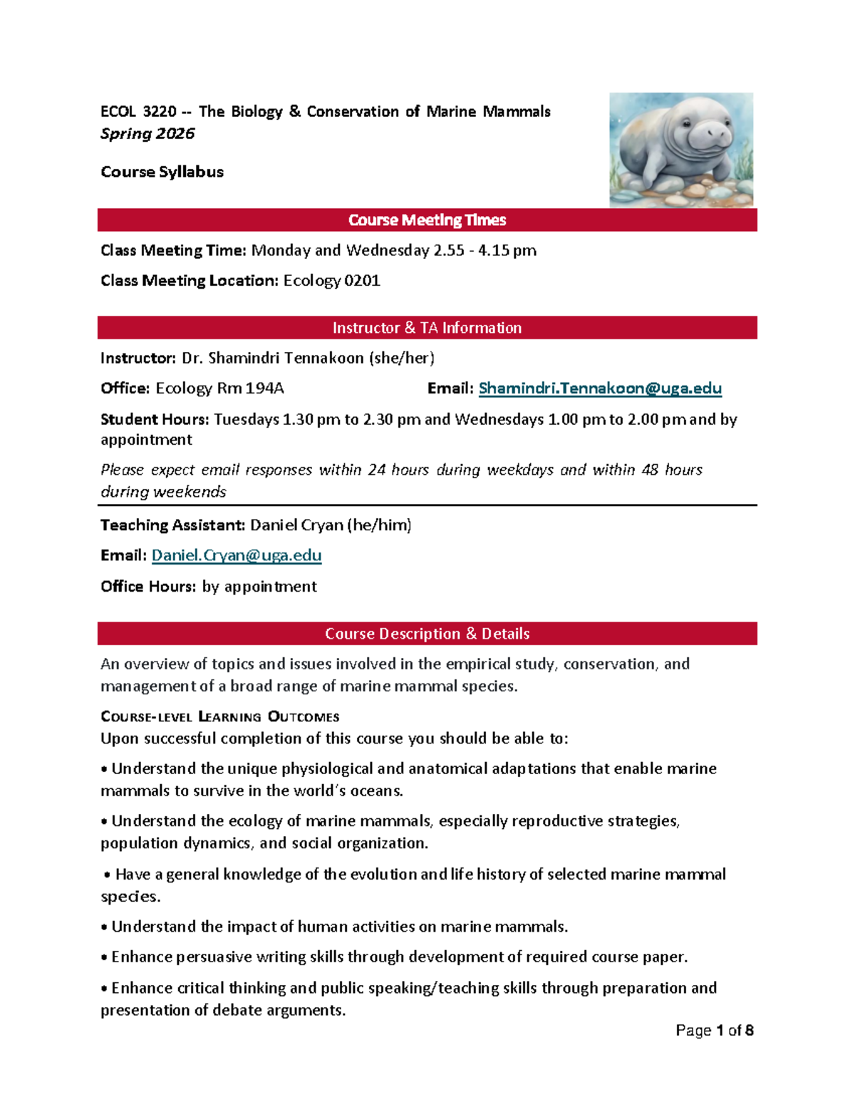 ECOL 3220 Marine Mammals: Conservation & Biology Syllabus Spring 2026 ...