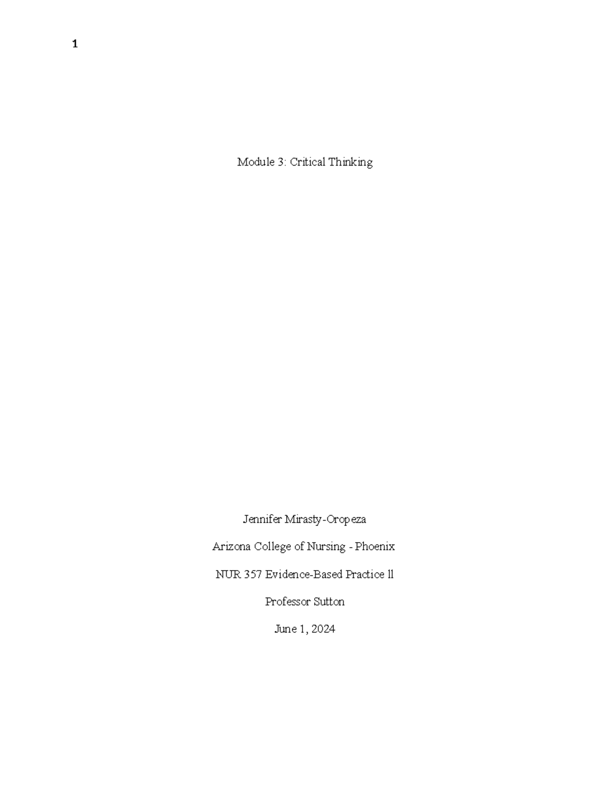 CT #3 - Critical Thinking Mod #3 - Module 3: Critical Thinking Jennifer ...