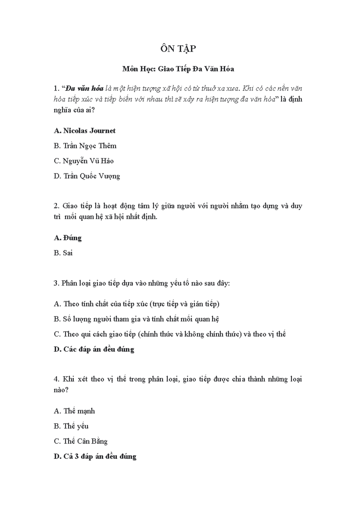 Trắc Nghiệm Ôn Tập Môn Học: Giao Tiếp Đa Văn Hóa 1 - Document Preview