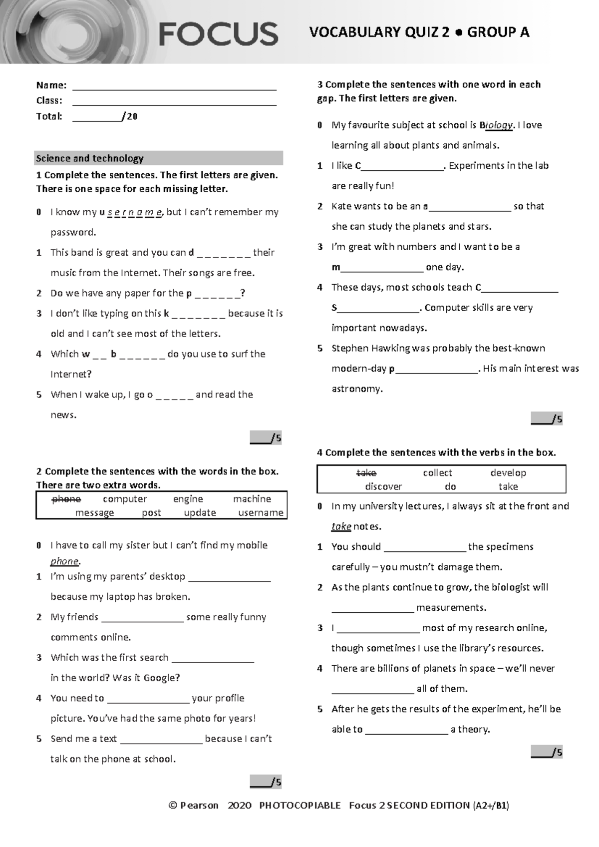 Focus 2 2E Vocabulary Quiz - Unit 2, Group A Worksheet - Studocu