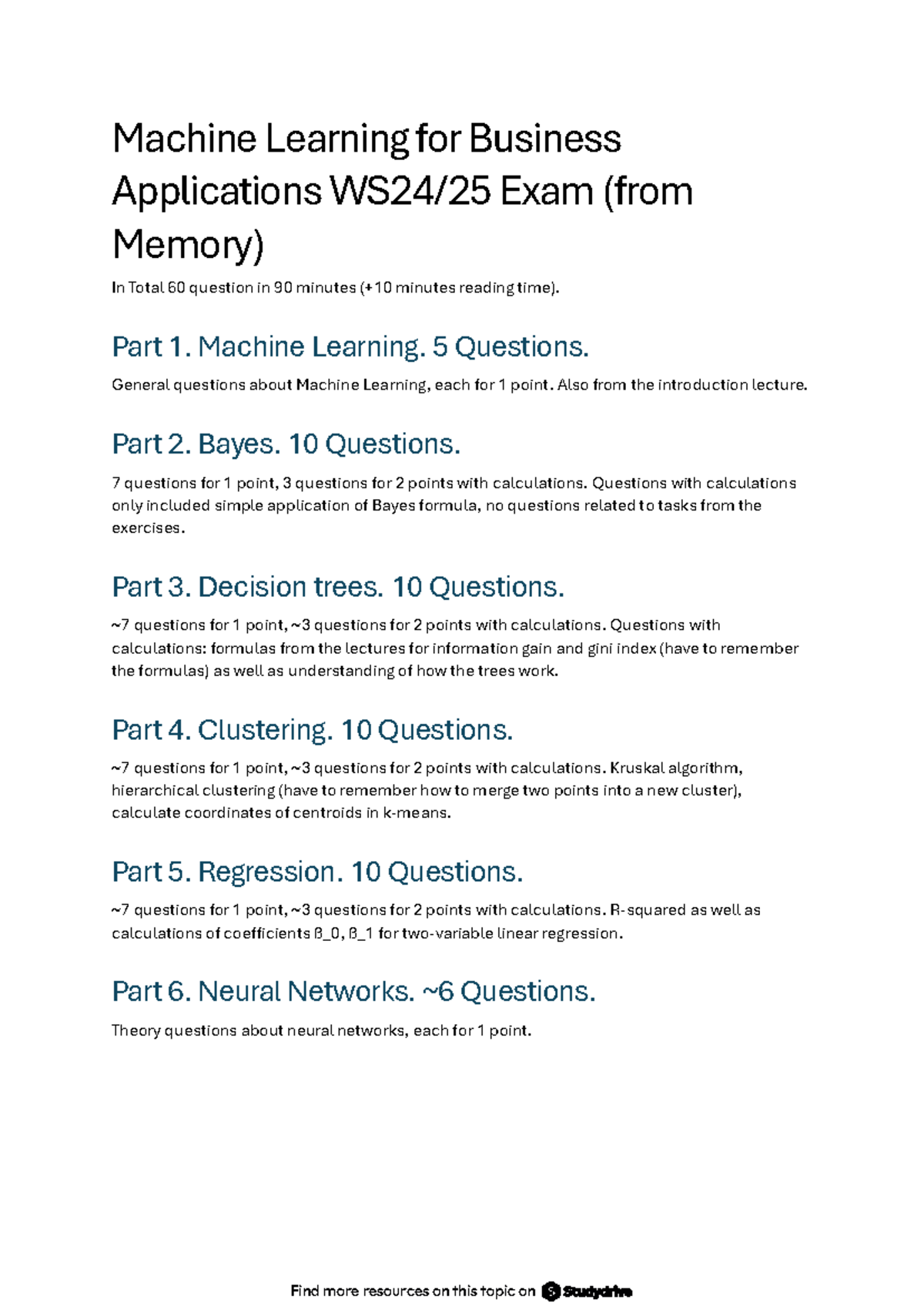 MLBA 101 Final Exam Structure: Machine Learning Overview - Studocu