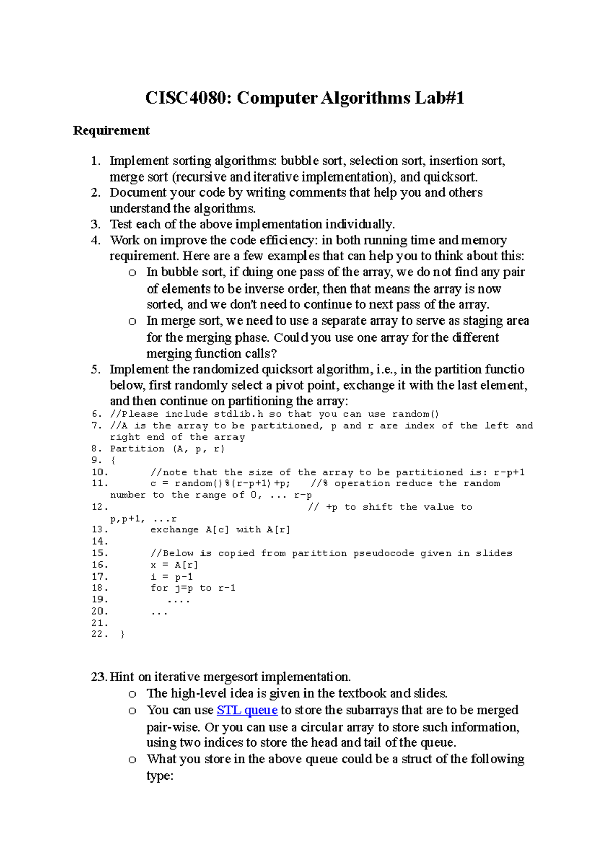 CISC4080 - Computer Algorithms Lab #1: Sorting Algorithm ...