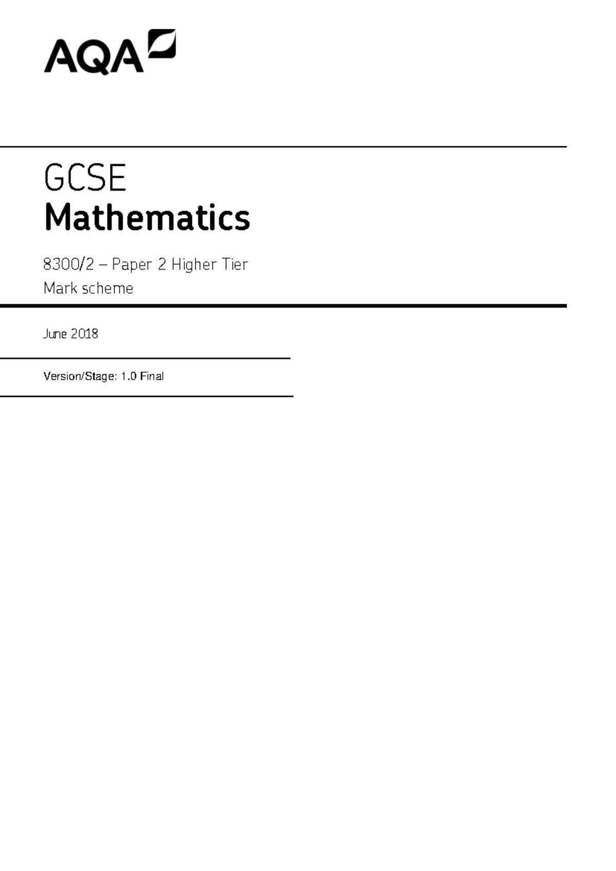 GCSE Mathematics Paper 2 Higher Tier Mark scheme June 2018 - Studocu