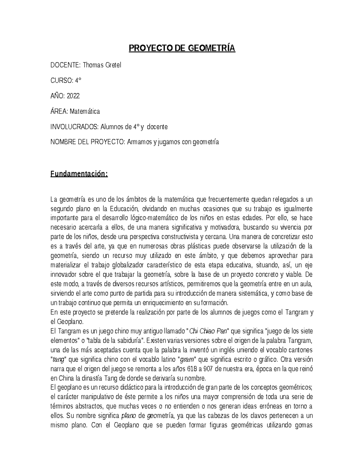 Proyecto de Geometría: Aprendizaje Activo a Través del Arte en 4° - Studocu
