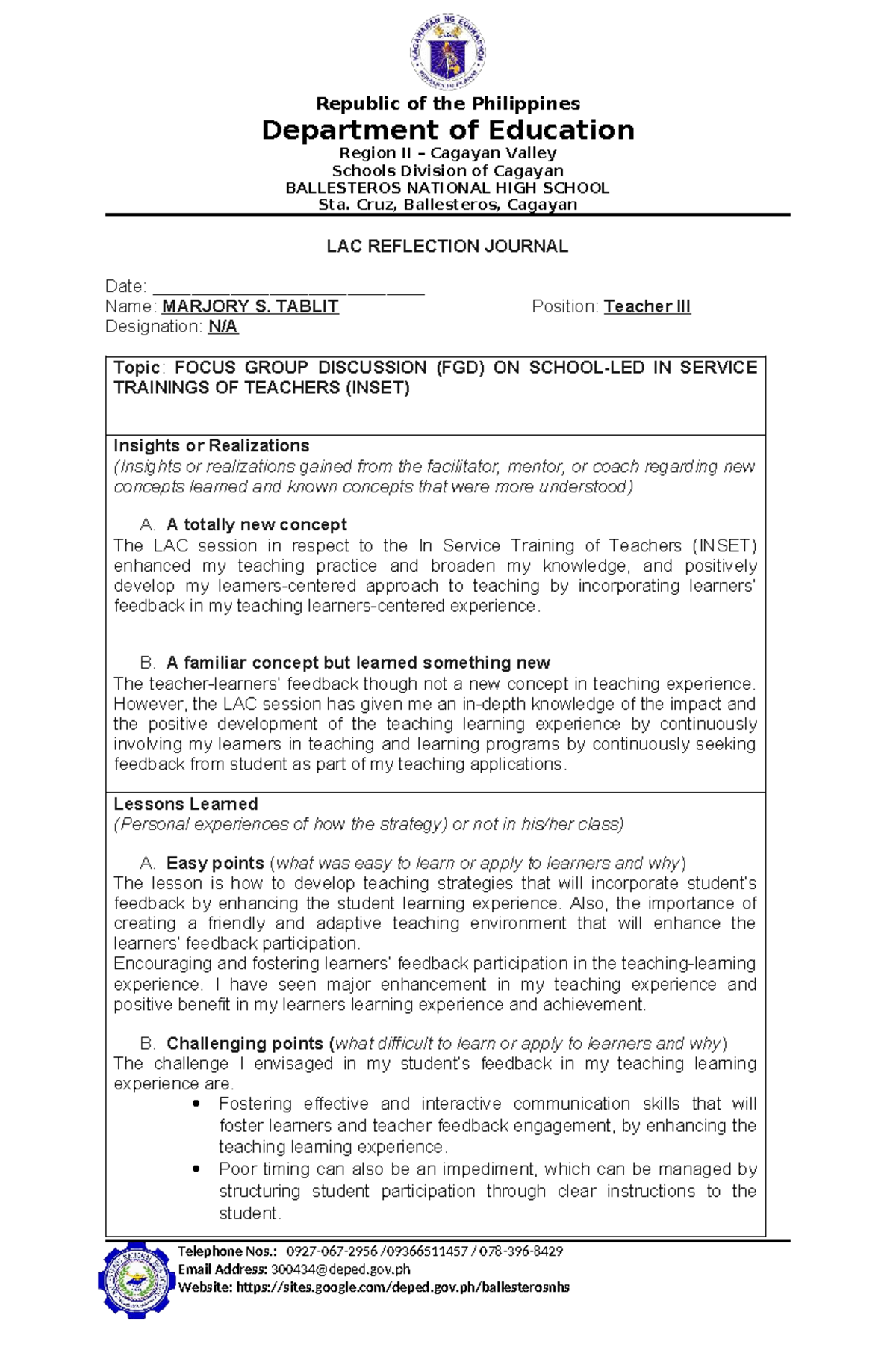 Teachers LAC Reflection Journal: Insights on INSET Strategies - Studocu