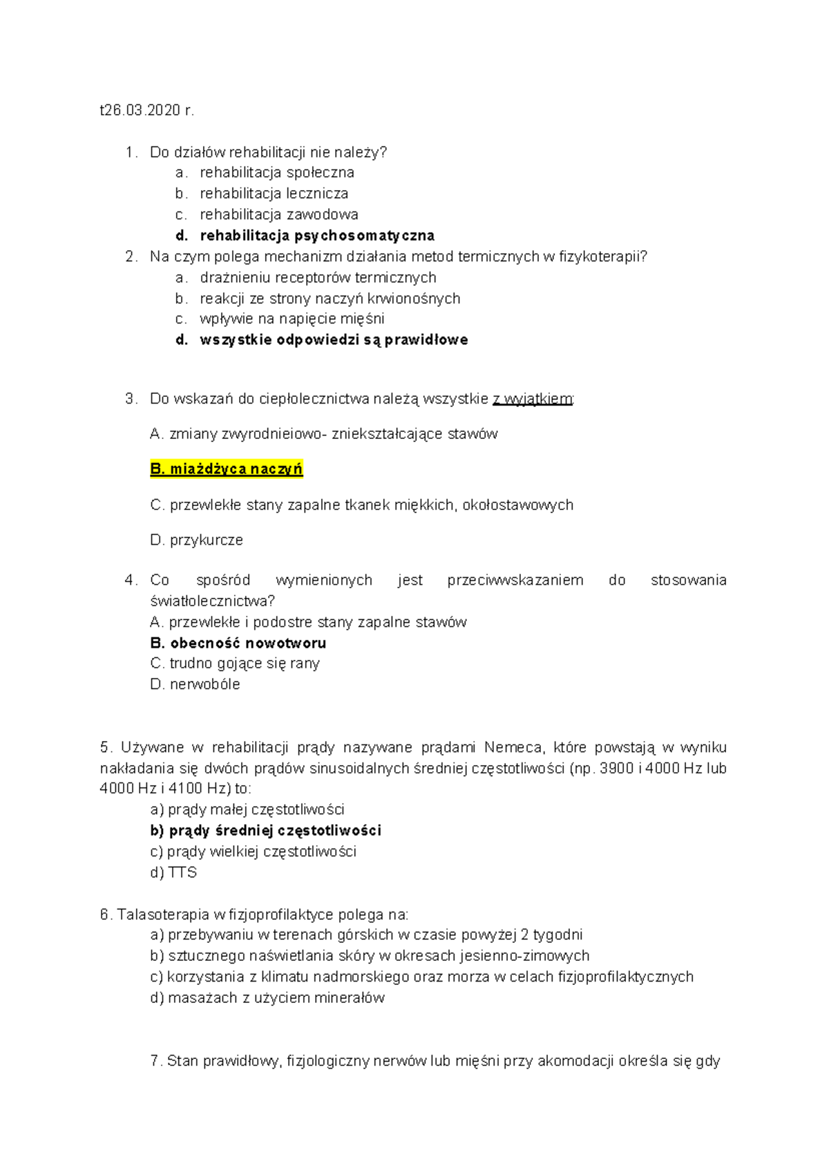 Pytania testowe z rehabilitacji - Rehabilitacja, 2020 r. - Studocu