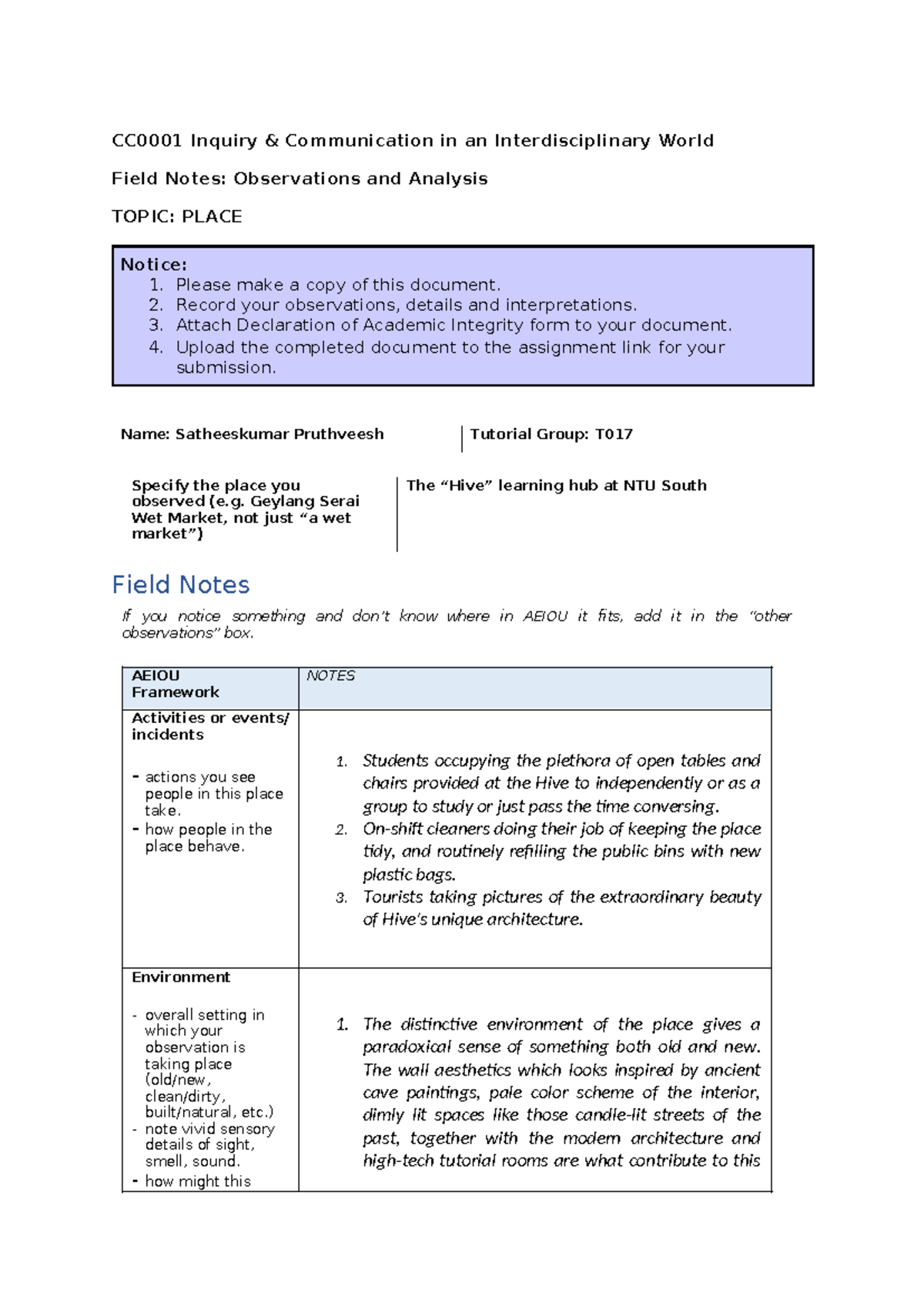 CC1 Field Notes: Observations and Analysis of The Hive at NTU - Studocu