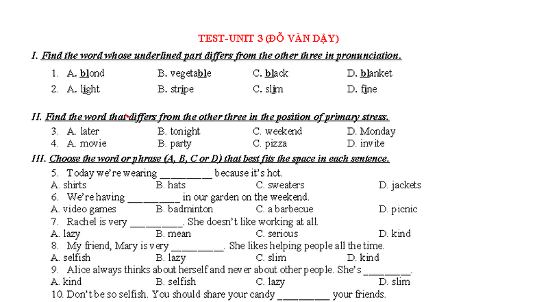 TEST UNIT 3 (ĐVD) - Pronunciation and Vocabulary Review - Studocu