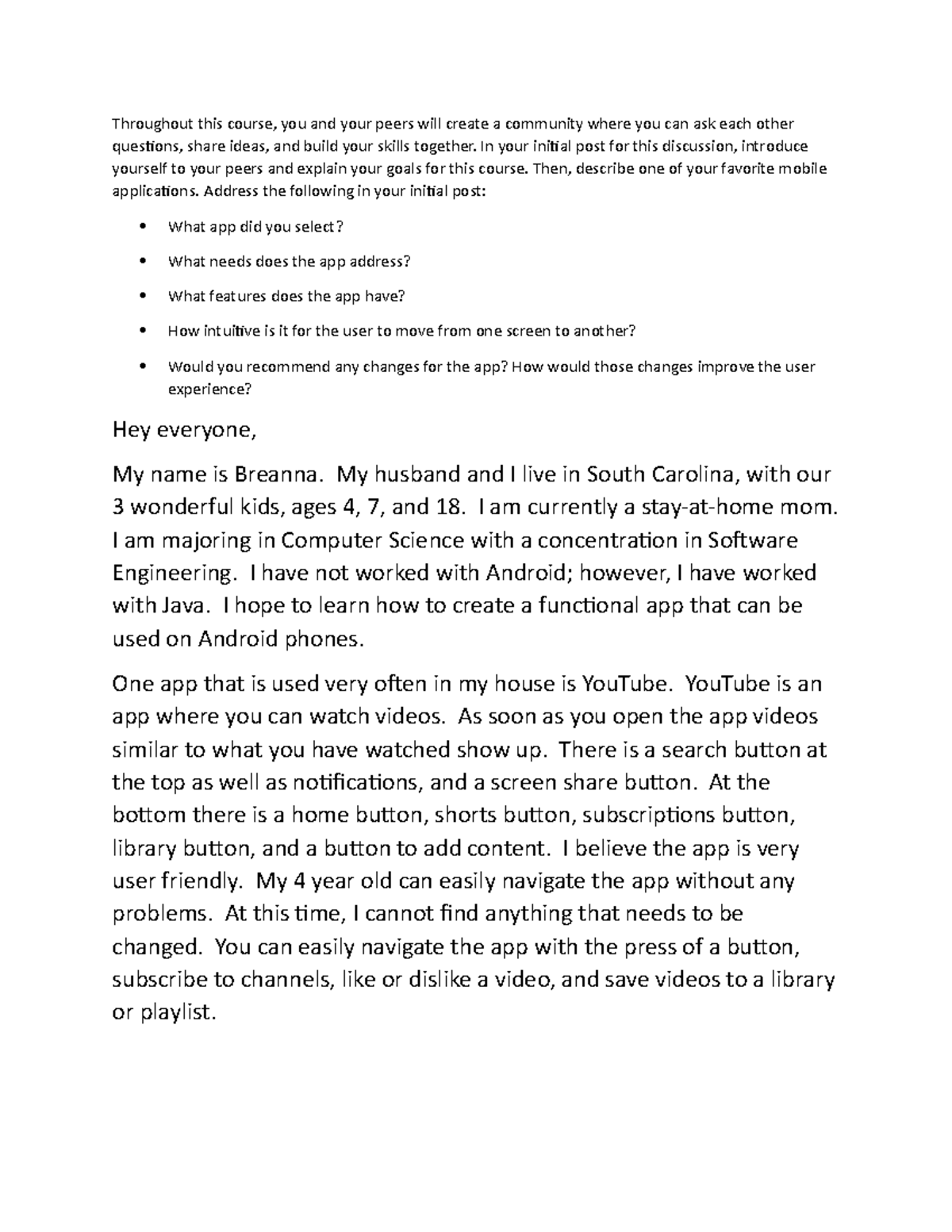 CS 360 Module 1 Discussion: App Introduction & User Experience Analysis ...
