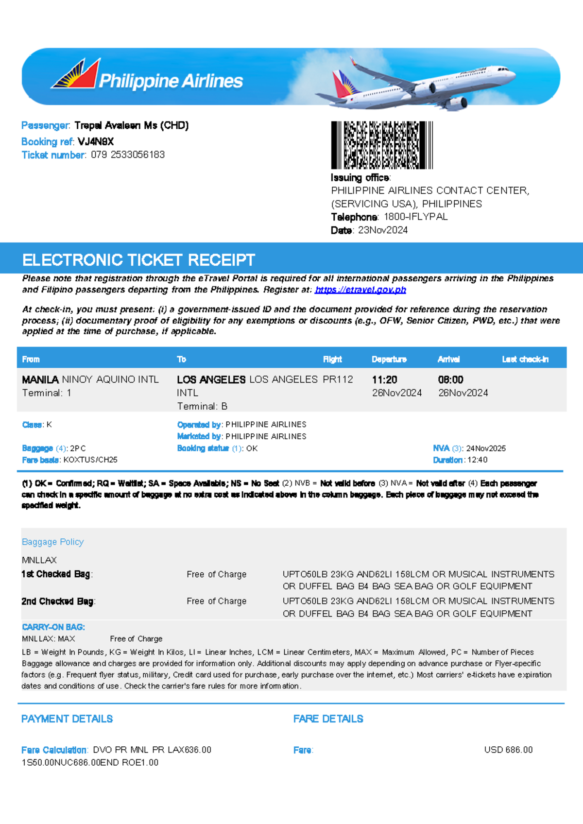 Electronic Ticket Receipt 26nov For Avaleen Trepal - Issuing Office 