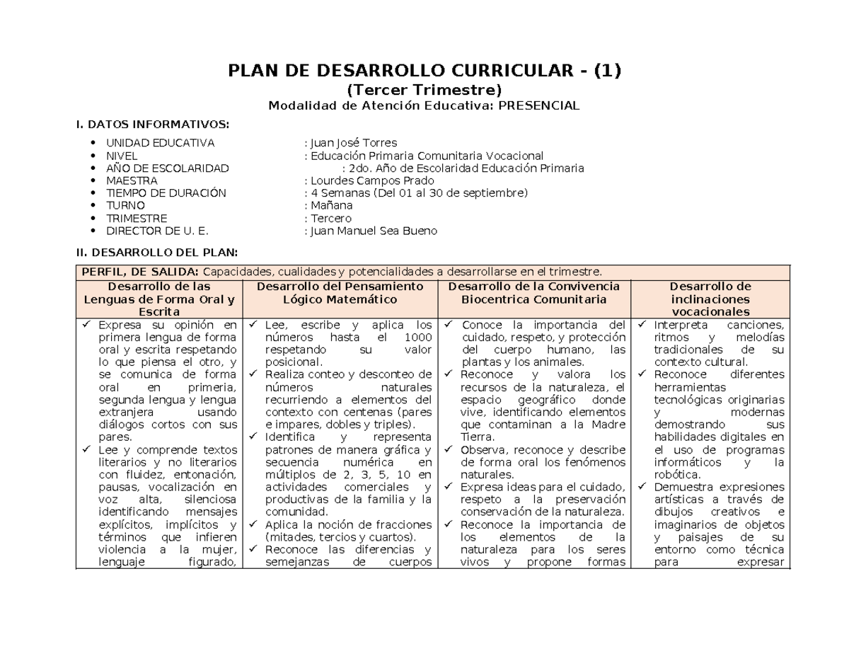 Plan de Desarrollo Curricular 2do PDC Tercer Trimestre 2022 - Studocu