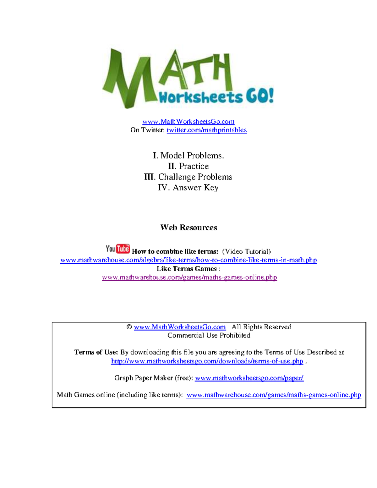 Combining Like Terms Worksheet Combining Like Terms Worksheet, image size:1200x1553