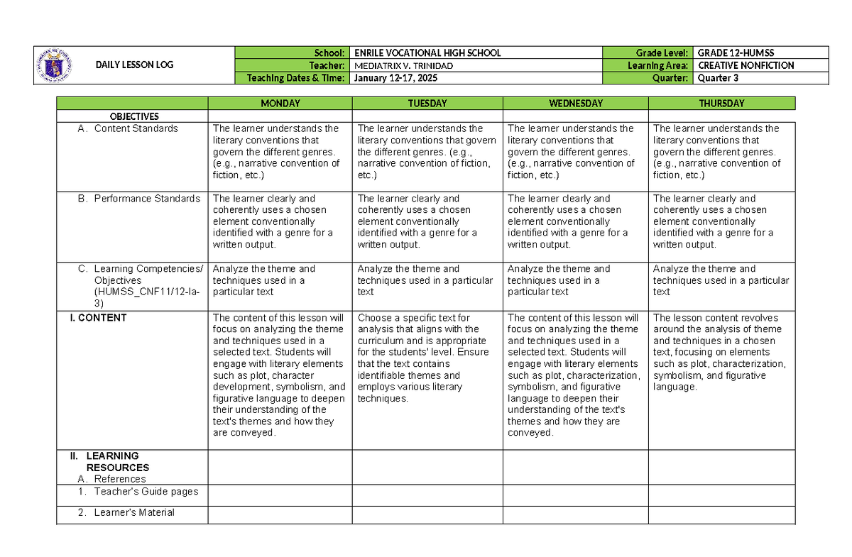Creative Nonfiction Lesson Plan: Analyzing Themes & Techniques (Q2 ...