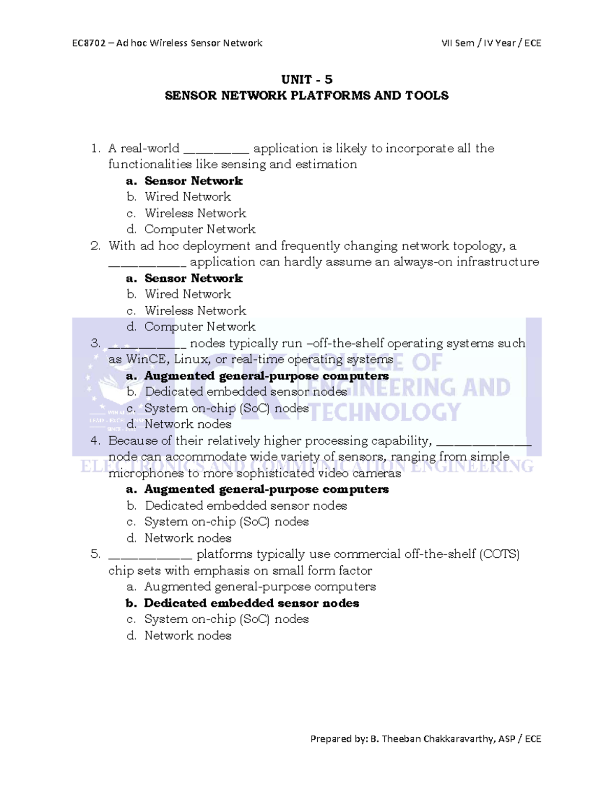 EC8702 Ad hoc Wireless Sensor Network MCQs for VII Sem ECE - Studocu