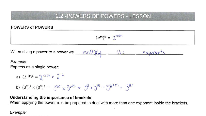 2.2 Lesson Notes - Powers of Powers in Exponents - Studocu
