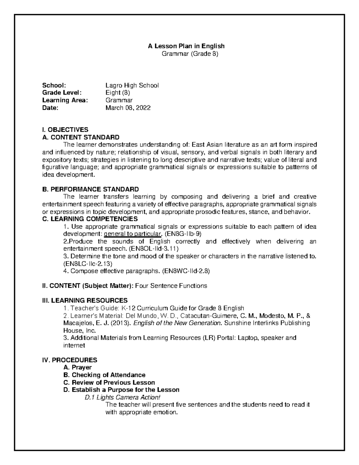Four Sentence Functions Lesson Plan - Grade 8 (EN8) - Studocu