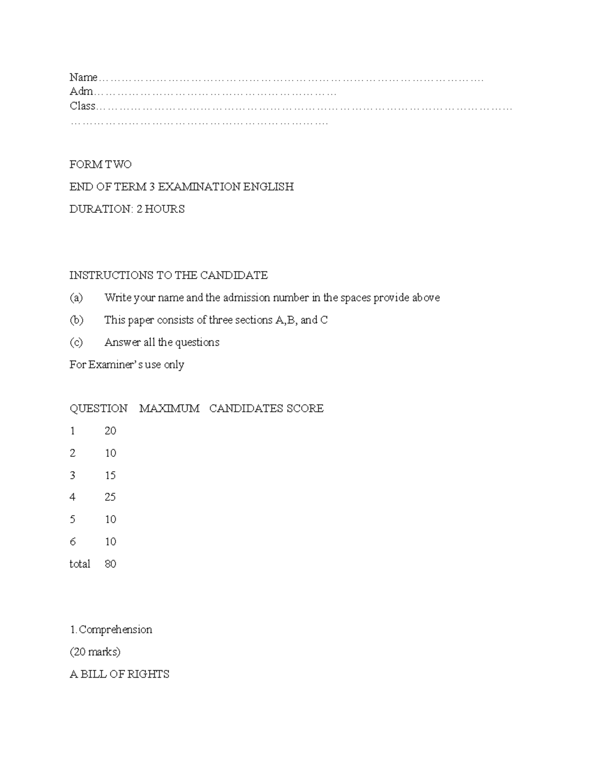 FORM TWO ENGLISH END OF TERM 3 EXAMINATION NOTES - Studocu