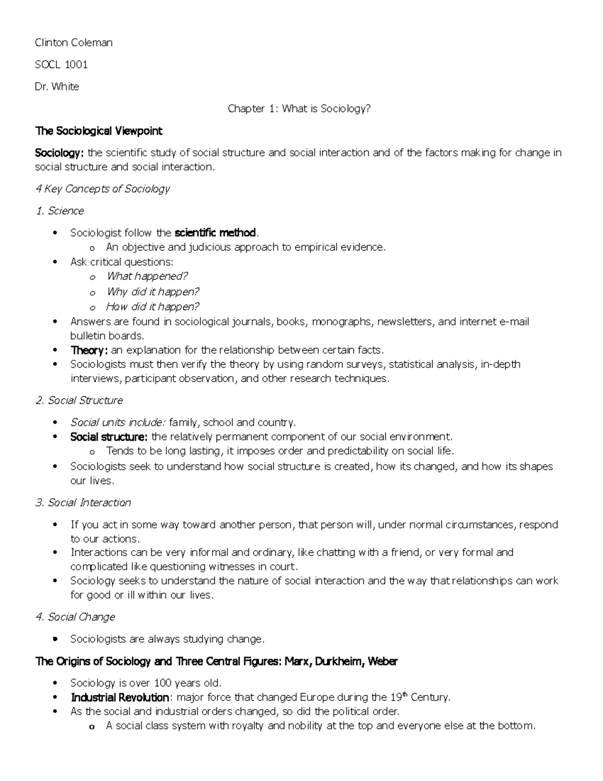 SOCL 1001 Chapter 1 Notes: Introduction to Sociology Concepts - Studocu