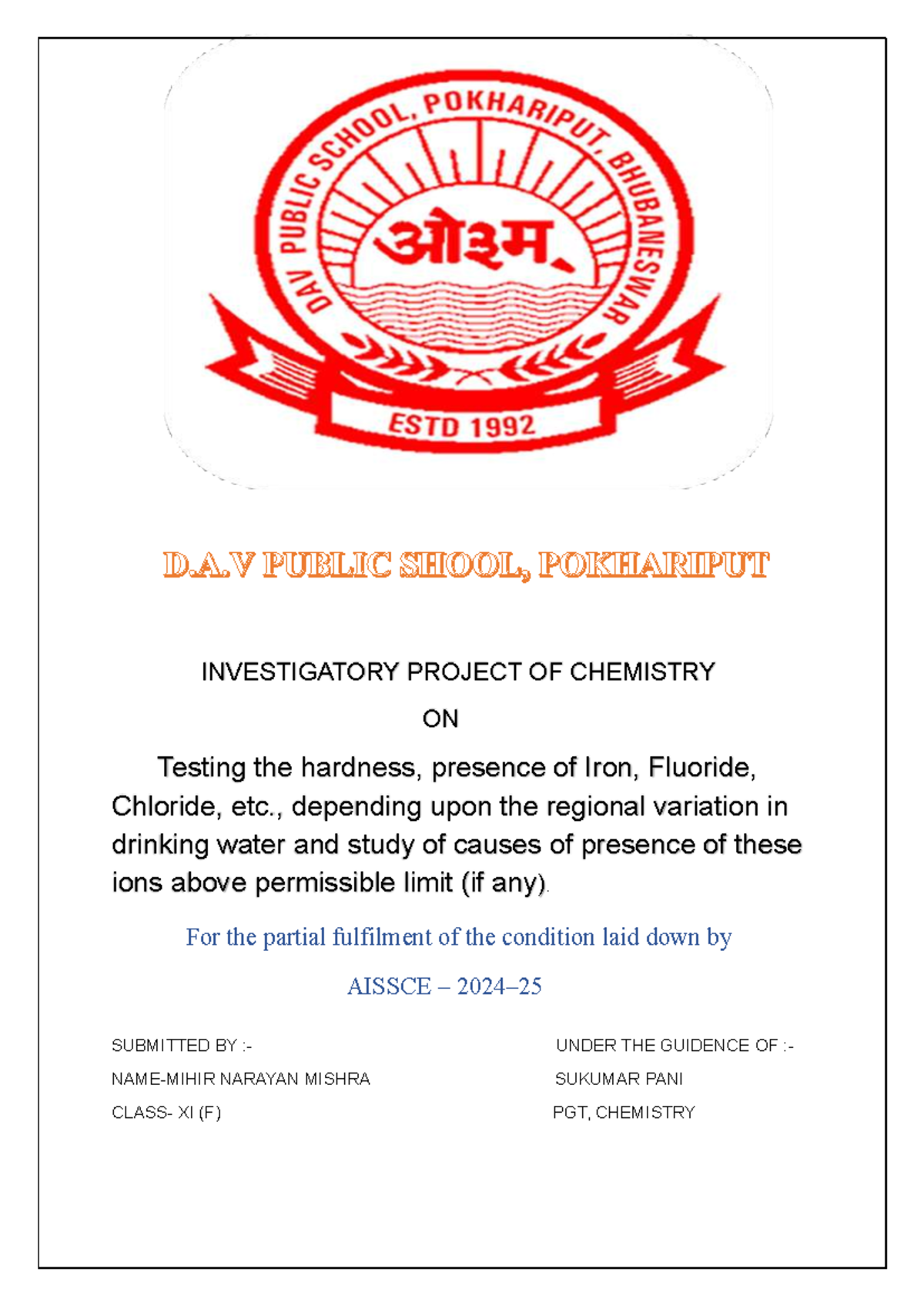AISSCE 2024-25 Chemistry Project: Testing Drinking Water Hardness ...
