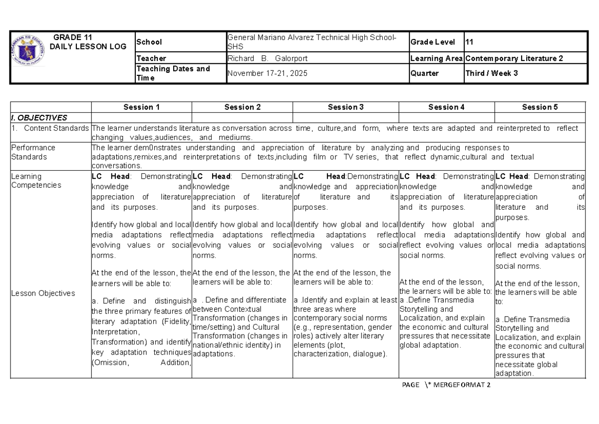 CL2-DLL-Q1W3 - Grade 11 Daily Lesson Log on Literary Adaptation - Document Preview