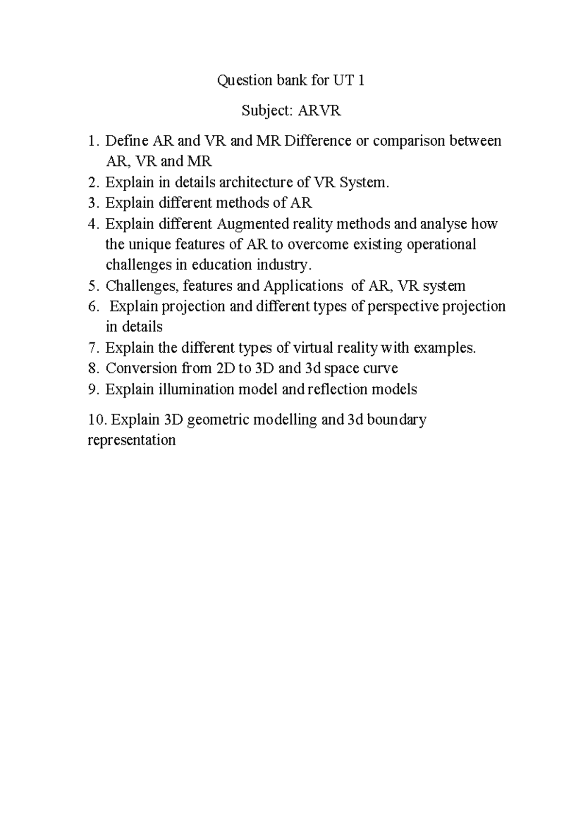 ARVR 1: Comprehensive Question Bank for UT 1 Exam Preparation - Studocu