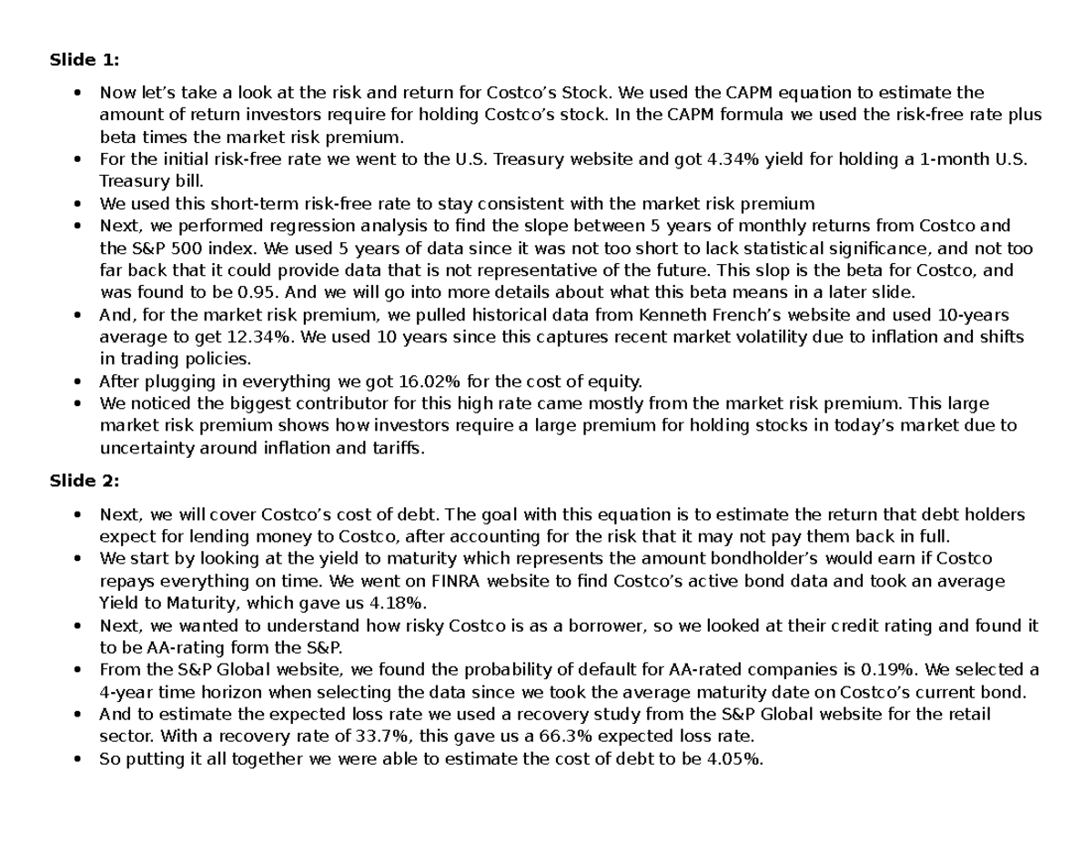 FIN 301: Final Exam - Risk and Return Analysis for Costco Stock - Studocu