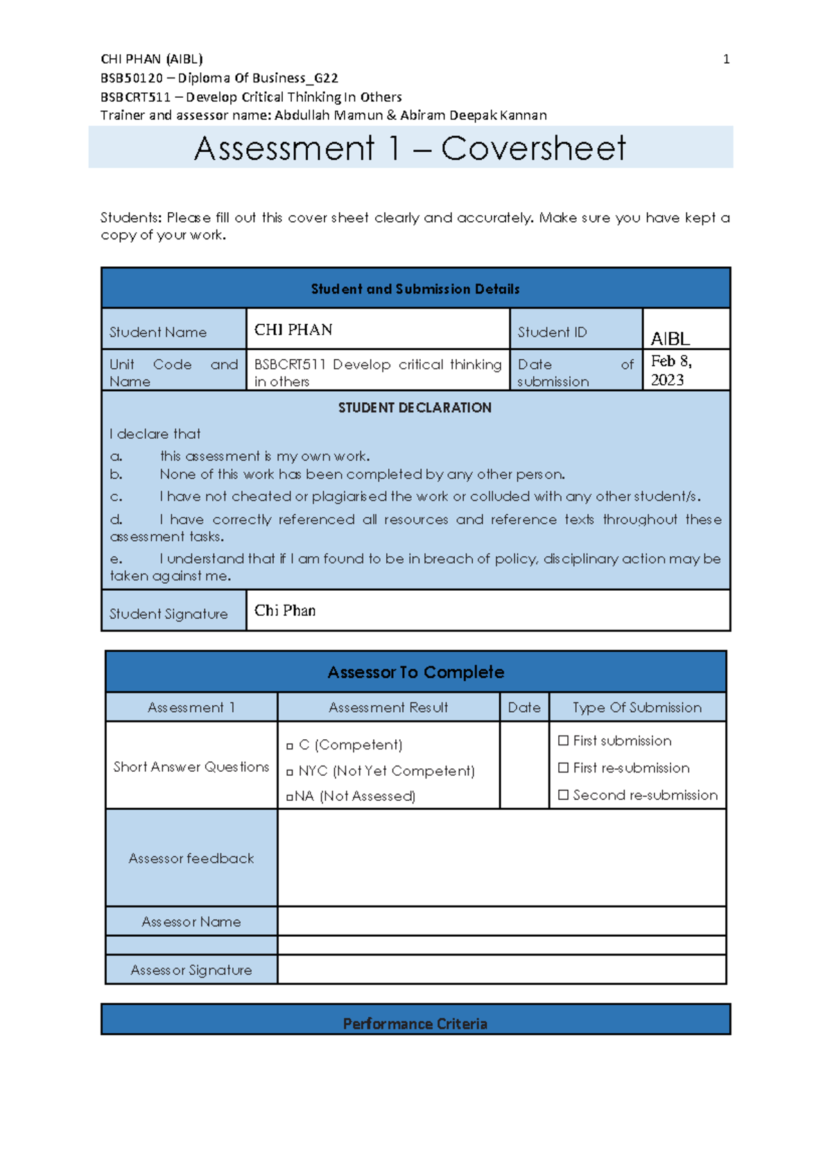 BSBCRT511 Assessment 1: Developing Critical Thinking in Business - Studocu