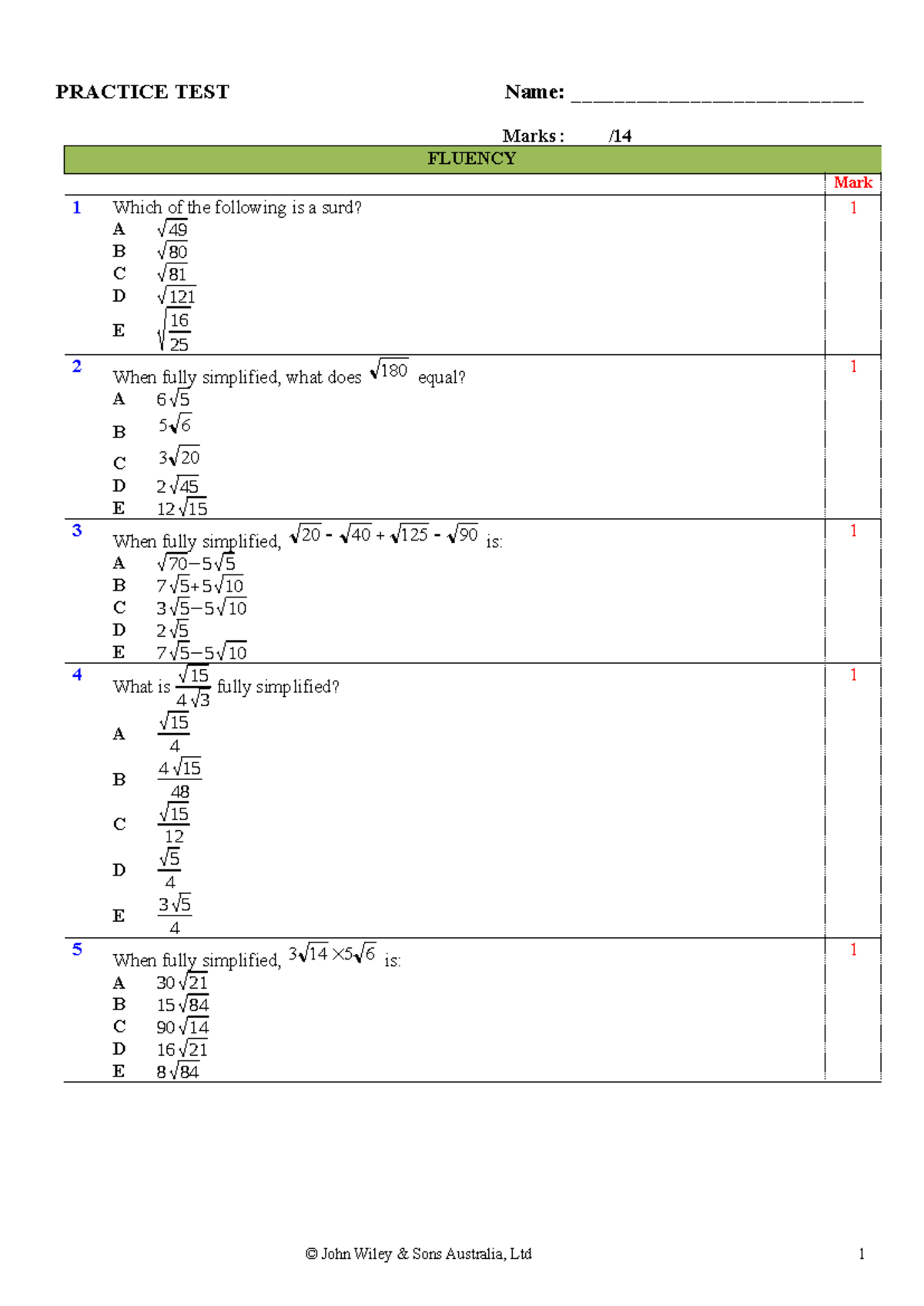 Maths Quest 10: Surds Revision Practice Test - Studocu
