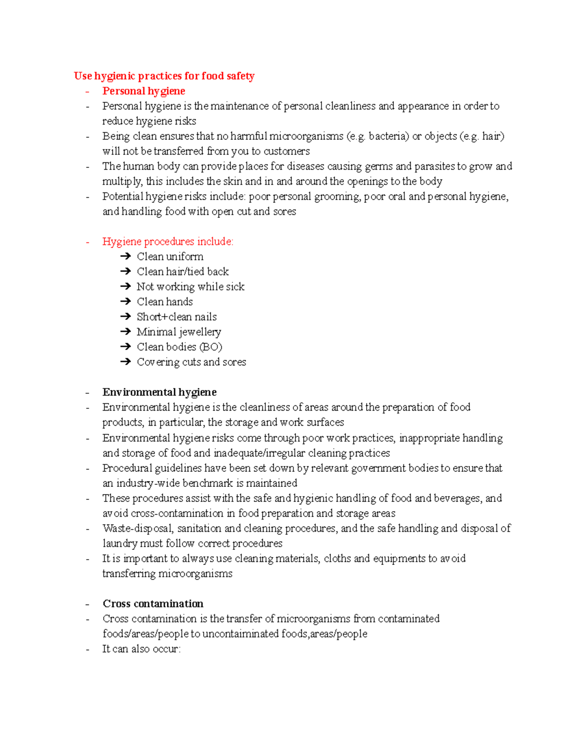 Hospitality (HOSP101) Preliminary Notes on Food Safety Practices - Studocu