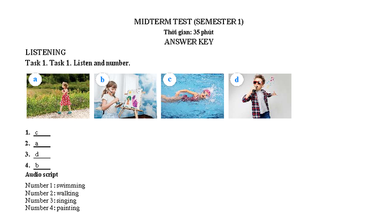 MIDTERM TEST (SEM1) Listening & Reading Answer Key - Studocu