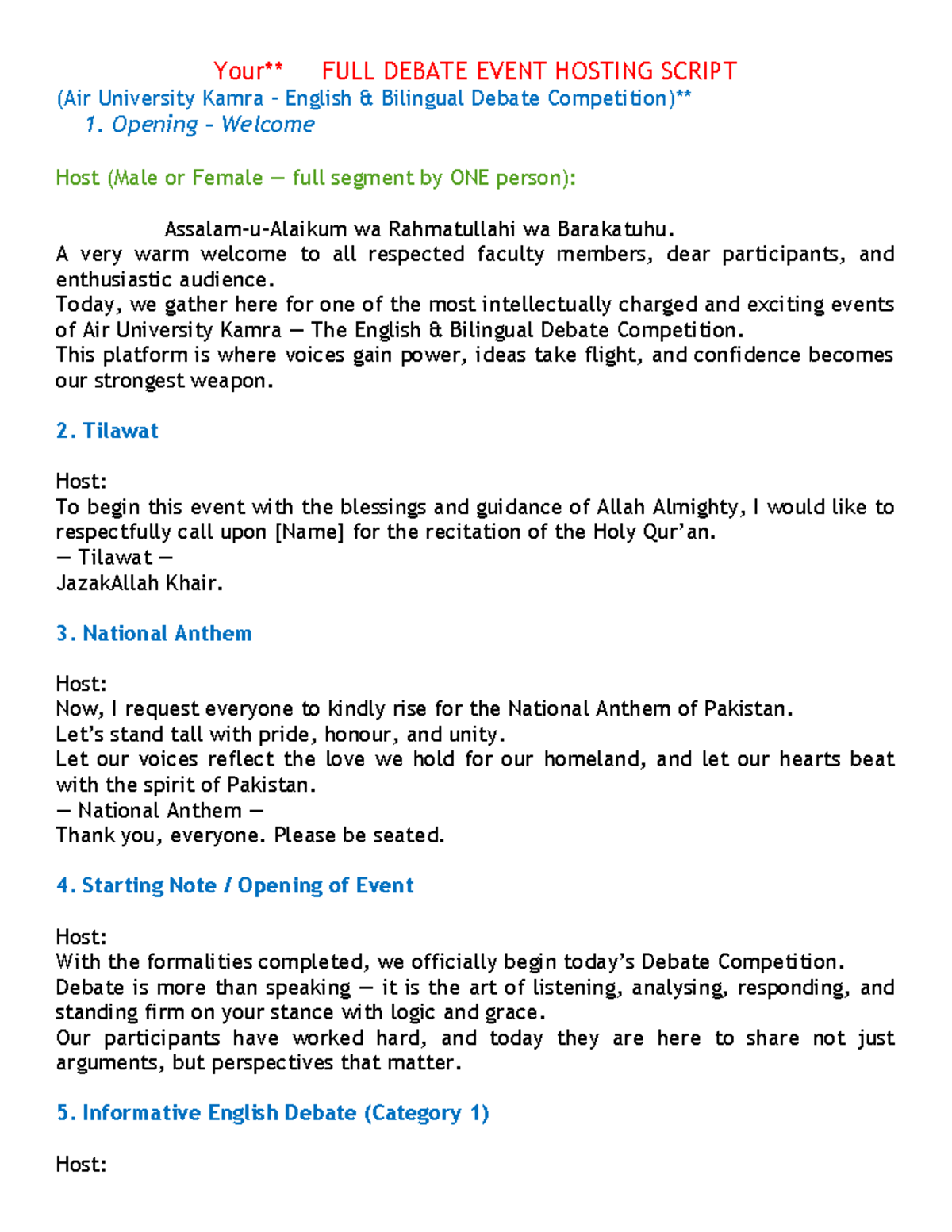 Air University Kamra English Bilingual Debate Event Script - Studocu